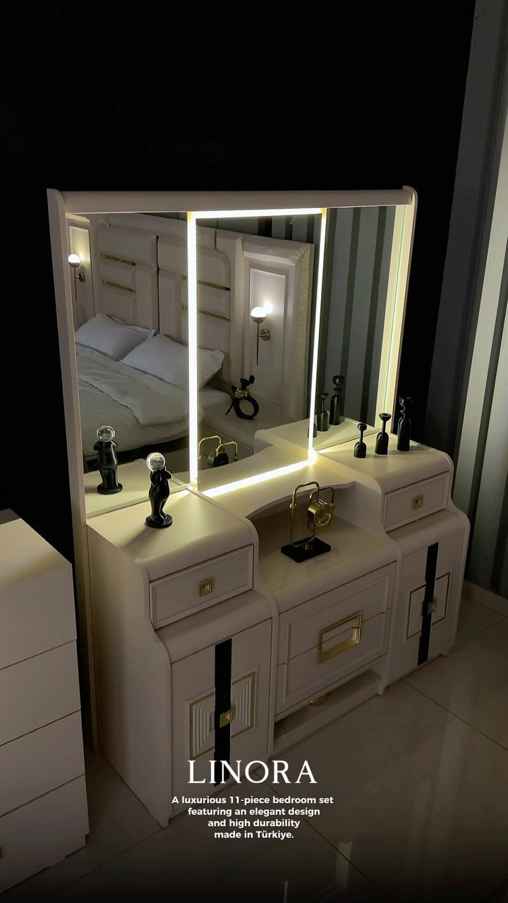 

نص مكتوب في الصور:
- LINORA
- A luxurious 11-piece bedroom set featuring an elegant design and high durability made in Türkiye.