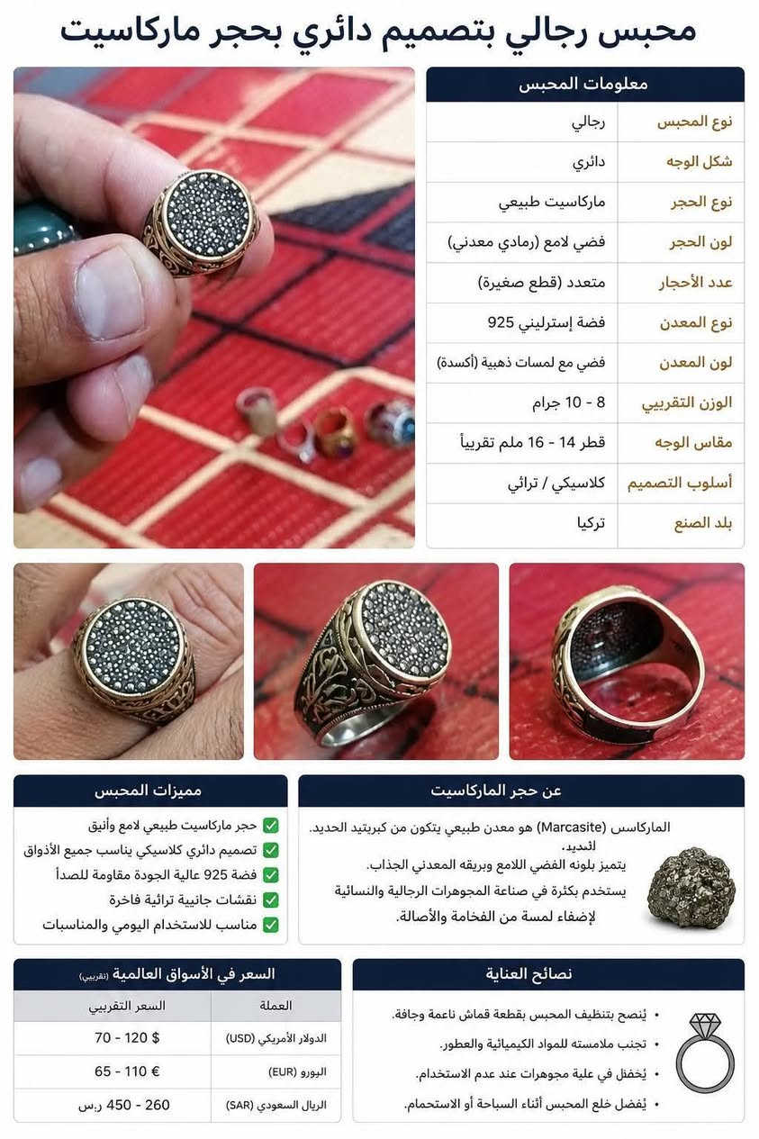 سلام عليكم سعر المحبس ٣٥ الف بغداد مدينة الصدر *********** توصيل داخل مدينة الصدر

نص مكتوب في الصور:
- خاتم رجالي بحجر عقيق أخضر طبيعي معلومات الحجر نوع الحجر عقيق أخضر طبيعي الاسم العلمي Green Agate لون الحجر أخضر زيتي الشكل بيضاوي (كابوشون) الوزن التقريبي 8 - 10 جرام مقاس الحجر 18 × 18 مم. تقريباً الصلادة 6.5 - 6 على مقياس موس الكثافة 2.58 - 2.64 النشأة تكون طبيعي في الصخور البركانية المعالجة غير معالج (طبيعي) بلد المنشأ الهند - البرازيل - أورغواي صورة من الأعلى صورة جانبية صورة من الخلف فوائد الحجر يساعد على التوازن العاطفي والجسدي. يحسن التركيز ويزيد من الصفاء الذهني. يدعم صحة القلب والدورة الدموية. يخفف التوتر والقلق ويحسن المزاج. يعزز النمو الروحي والانسجام الداخلي. مميزات حجر العقيق الأخضر يعزز الشعور بالهدوء والسكينة. يرمز إلى الححظ الجيد والازدهار. يساعد على تقوية الثقة بالنفس. يعتقد أنه يحمي من الطاقات السلبية. يُستخدم في العلاج بالطاقة والتأمل. ملاحظات هامة السعر يختلف حسب جودة الحجر والفضة ووزن الخاتم. يفضل شراء الخاتم من مصادر موثوقة. للحفاظ على الحجر, يُنصح بتنظيفه بقطعة قماش ناعمة. يُفضل تجنب المواد الكيميائية والعطور على الحجر. السعر في الأسواق العالمية (تقريبي) العملة السعر التقريبي الدولار الأمريكي (USD) 20 - 60 $ اليورو (EUR) 18 - 55 € الريال السعودي (SAR) 200 - 75 ه ر.س. جميع المعلومات عن الحجر لغرض المعرفة فقط, ولا تغني عن الاستشارة الطبية.
- محبس رجالي بتصميم دائري بحجر ماركاسيت معلومات المحبس نوع المحبس رجالي شكل الوجه دائري نوع الحجر ماركاسيت طبيعي لون الحجر فضي لامع (رمادي معدني) عدد الأحجار متعدد (قطع صغيرة) نوع المعدن فضة إسترليني 925 لون المعدن فضي مع لمسات ذهبية (أكسدة) الوزن التقريبي 8 - 10 جرام مقاس الوجه قطر 14 - 16 ملم تقريباً أسلوب التصميم كلاسيكي / تراثي بلد الصنع تركيا مميزات المحبس حجر ماركاسيت طبيعي لامع وأنيق تصميم دائري كلاسيكي يناسب جميع الأذواق فضة 925 عالية الجودة مقاومة للصدأ نقشات جانبية تراثية فاخرة مناسب للاستخدام اليومي والمناسبات عن حجر الماركاسيت الماركاسيت (Marcasite) هو معدن طبيعي يتكون من كبريتيد الحديد. الشديد. يتميز بلونه الفضي اللامع وبريقه المعدني الجذاب. يستخدم بكثرة في صناعة المجوهرات الرجالية والنسائية لإضفاء لمسة من الفخامة والأصالة. نصائح العناية ينصح بتنظيف المحبس بقطعة قماش ناعمة وجافة. تجنب ملامسته للمواد الكيميائية والعطور. يفضل في علبة مجوهرات عند عدم الاستخدام. يفضل خلع المحبس أثناء السباحة أو الاستحمام. السعر في الأسواق العالمية (تقريبي) العملة السعر التقريبي الدولار الأمريكي (USD) 70 - 120 $ اليورو (EUR) 65 - 110 € الريال السعودي (SAR) 260 - 450 ر.س