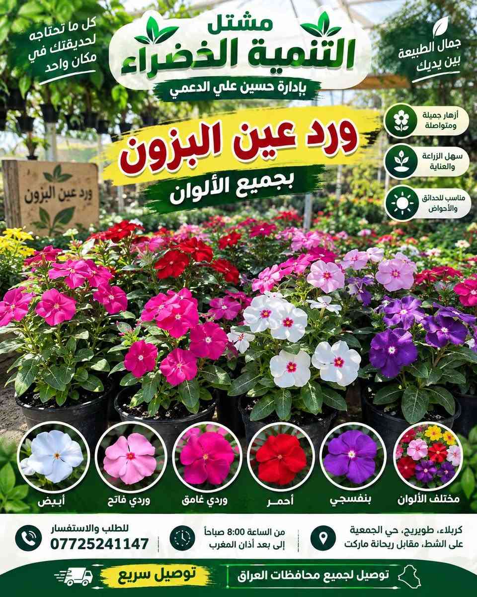 لا توجد تفاصيل

نص مكتوب في الصور:
- كل ما تحتاجه لحديقتك في مكان واحد مشتل التنمية الخضراء بإدارة حسين علي الدعمي جمال الطبيعة بين يديك ورد عين البزون بجميع الألوان أزهار جميلة ومتواصلة سهل الزراعة والعناية مناسب للحدائق والأحوض أبيض وردي فاتح وردي غامق أحمر بنفسجي مختلف الألوان للطلب والاستفسار *********** من الساعة 8:00 صباحاً إلى بعد أذان المغرب كربلاء، طويريج، حي الجمعية على الشط، مقابل ريحانة ماركت توصيل لجميع محافظات العراق توصيل سريع