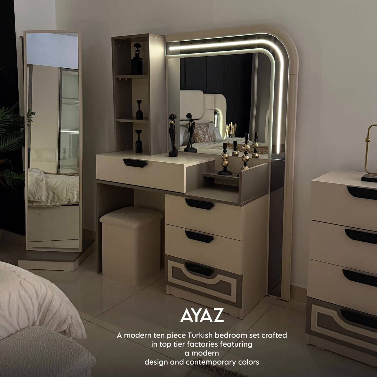 تم وصول موديل اياز 10 قطع  
10قطعة 
سرير خزان 
برغي حديد 
قياسات الدولاب 240/262/55
دولاب اضافي 240/88/55
كومدي عدد 2 ‘’55/135/40
ارتفاع السرير 200/180/135
ميز تواليت 173/132/41
درور .88/55/40
شازلونك 
مراية طويلة 
بوف
سكة ثلاث مراحل 
(قياسات مختلفة عن جميع البضاعة لي موجودة بسوق)
بسعر مليون و800   ناصريه قلعه سكر قرب سعيد يداوم  جعفر النجار  *********** ***********

نص مكتوب في الصور:
- AYAZ A modern ten piece Turkish bedroom set crafted in top tier factories featuring a modern design and contemporary colors
- AYAZ
- A modern ten piece Turkish bedroom set crafted
- in top tier factories featuring
- a modern
- design and contemporary colors