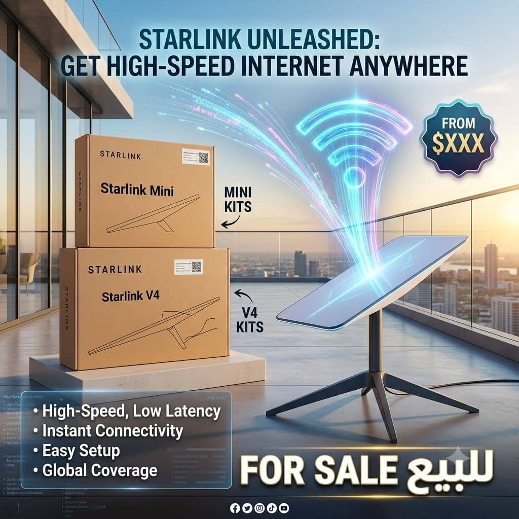 لا توجد تفاصيل

نص مكتوب في الصور:
- STARLINK UNLEASHED: GET HIGH-SPEED INTERNET ANYWHERE FROM $XXX MINI KITS V4 KITS High-Speed, Low Latency Instant Connectivity Easy Setup Global Coverage FOR SALE للبيع
- اطلب هسه - توصيل فوري لكل العراق *********** 850,000 دينار التوصيل - مع بغداد الدورة - وكيل معتمد اطلب الآن - تواصل عبر واتساب قادم من الفضاء - 3/3
- قادم من الفضاء - 1/3
- ***********
