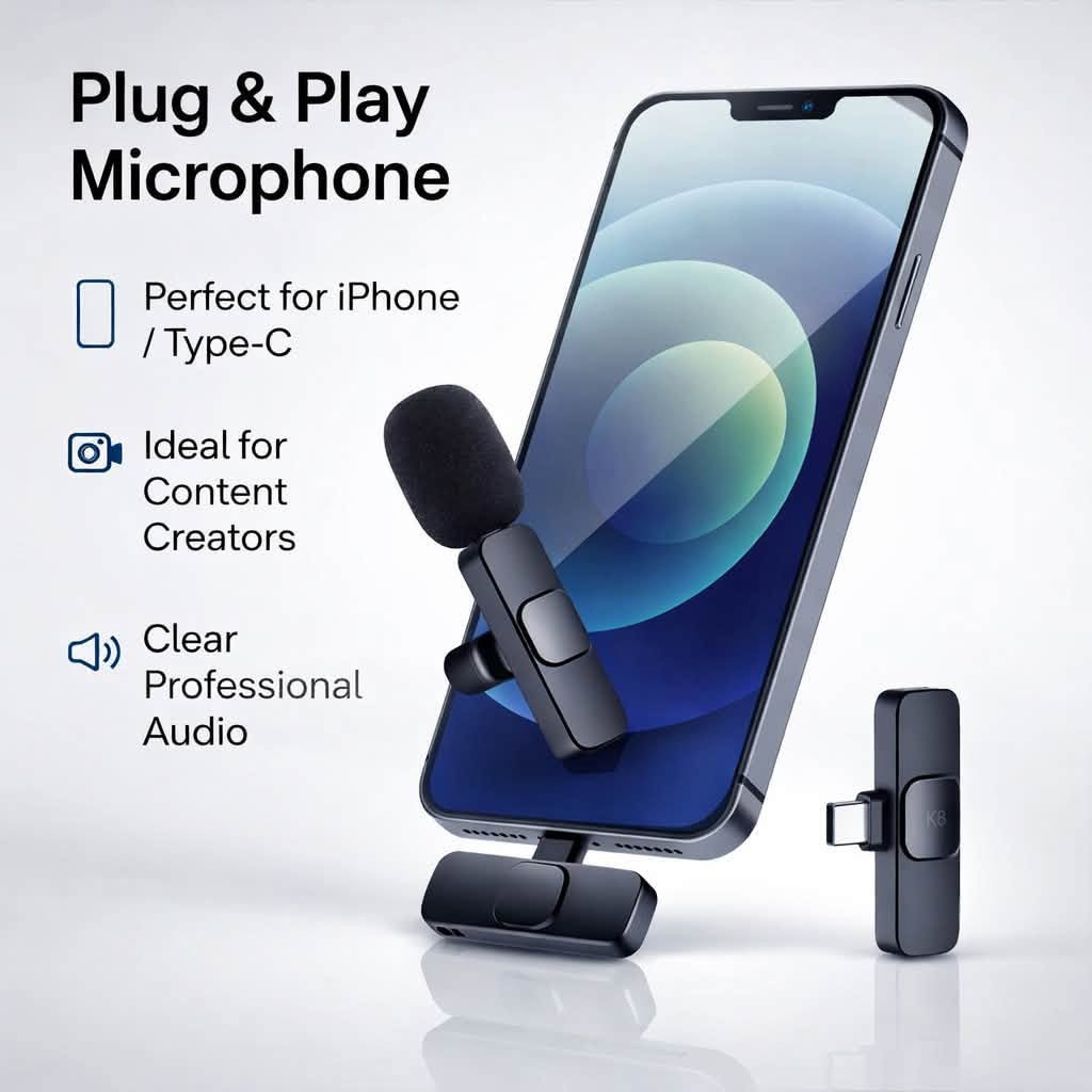 اسم المنتج التسويقي
مايكروفون لاسلكي K8 للهواتف – Plug & Play لتسجيل الصوت والفيديو

مايكروفون لاسلكي صغير وسهل الاستخدام مصمم لتسجيل الصوت مع الهاتف مباشرة عبر المستقبل، مناسب للبث المباشر وتصوير الفيديو والمقابلات بدون الحاجة إلى تطبيقات إضافية.

• تشغيل مباشر Plug & Play
يعمل مباشرة بعد توصيل المستقبل بالهاتف دون الحاجة إلى تنزيل أي تطبيق.

• نظام مايكروفون لاسلكي مع مستقبل
يتكون من قطعتين: مايكروفون مرسل يتم تثبيته بالملابس، ومستقبل يتم توصيله بالهاتف.

• مدى استقبال حتى 20 متر
يدعم استقبال الصوت لاسلكياً حتى مسافة تصل إلى 20 متر.

• مؤشرات ضوئية للحالة
مزود بمؤشرات ضوئية توضح حالات التشغيل والاقتران والشحن ومستوى البطارية.

• مناسب للبث والتصوير
مناسب لـ:
البث المباشر (Live show)، المقابلات (Interview)، وتصوير فيديوهات Vlog.

• توافق واسع مع الهواتف
توفر نسخ تعمل مع iPhone و Type-C.

 • الموديل: K8 Wireless Microphone
 • النوع: مايكروفون لاسلكي مع مستقبل للهاتف
 • المدى اللاسلكي: حتى 20 متر
 • طريقة الاستخدام: Plug & Play
 • مكونات النظام: مرسل (Microphone transmitter) + مستقبل (Receiver)
 • مؤشر بطارية منخفضة: عند أقل من 20%

محتويات العلبة:
 • مايكروفون مرسل (Microphone transmitter)
 • مستقبل للهاتف (Receiver)
 • كابل شحن
 • دليل المستخدم (User Manual)

السعر  15 الف ويتوفر توصيل 
***********
