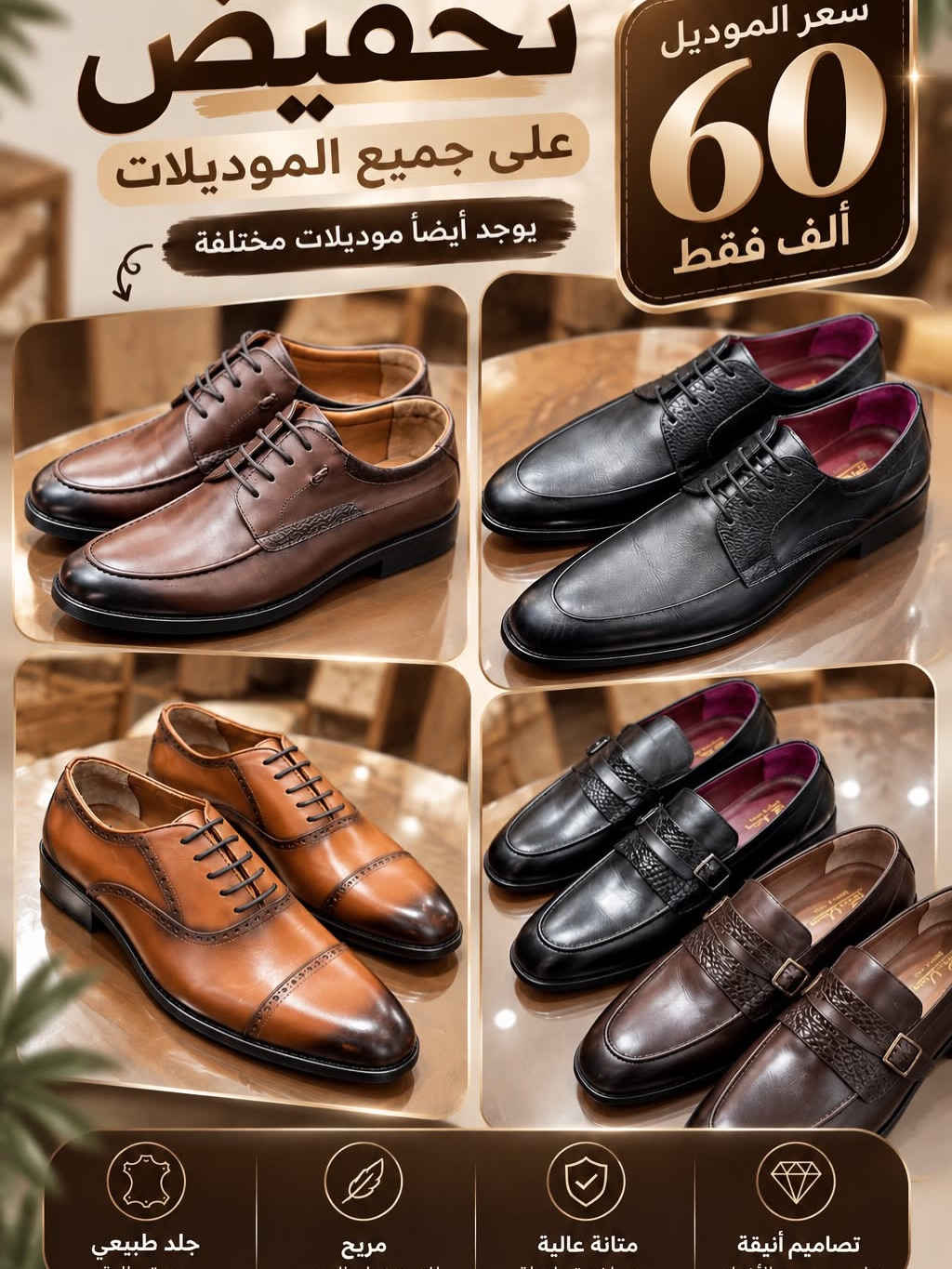 كلش هواي موديلات صارت بسعر 60 الف

نص مكتوب في الصور:
- تخفيض على جميع الموديلات سعر الموديل 60 ألف فقط موديل 1 موديل 2 موديل 3 موديل 4 جلد طبيعي مريح متانة عالية تصاميم أنيقة
- تخفيض على جميع الموديلات يوجد أيضاً موديلات مختلفة سعر الموديل 60 ألف فقط جلد طبيعي مريح متانة عالية تصاميم أنيقة