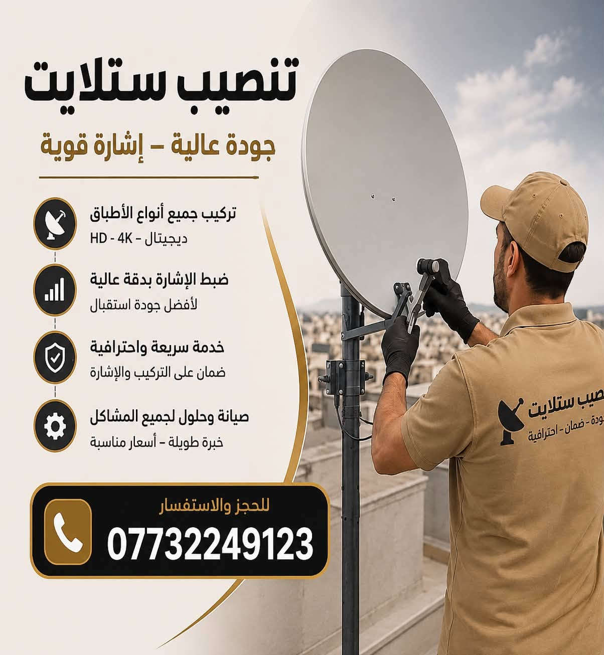نقدم لكم أسرع وأدق خدمات تنصيب وصيانة الستلايت في  بغداد مدينه الصدر والمناطق المجاوره.        ناً.

✅حل جميع مشاكل الإشارة.

✅ توفير مواد احتياطية: (صحن، اولمبي، ستلايت HD قنوات بالعربي، كابلات أصلية).

✅ تحديث أجهزة الريسيفر وترتيب القنوات.

✅برمجه الستلايت وترتيب القنوات📟🖥️

✅تثبيت شاشات البلازما🖥️

✅ اسعار تنافسيه.

📞اتصل واحنا نجيك.

📍 دقة في العمل ومواعيد منضبطة.

📞 للتواصل والاستفسار: ***********

نص مكتوب في الصور:
- تنصيب الستلايت جودة عالية - إشارة قوية تنصيب جميع أنواع الأطباق إشارة قوية وثابتة جودة عالية - HD - 4K صيانة وحلول للمشاكل خبرة طويلة وأسعار مناسبة للحجز والاستفسار *********** EUROPA LEAGUE UEFA CHAMPIONS LEAGUE LaLiga Premier League BUNDES LIGA
- تنصيب ستلايت جودة عالية - إشارة قوية تركيب جميع أنواع الأطباق ديجيتال - 4K - HD ضبط الإشارة بدقة عالية لأفضل جودة استقبال خدمة سريعة واحترافية ضمان على التركيب والإشارة صيانة وحلول لجميع المشاكل خبرة طويلة - أسعار مناسبة للحجز والاستفسار ***********