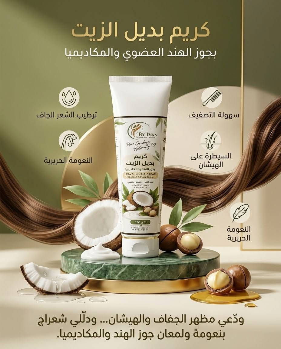 اللهم صلِّ وسلم على نبينا محمد ﷺ 🤍

🔥 عروض قوية من BY IVAN NATURAL PRODUCTS 🔥

حبايبنا، نزلنالكم عروض مميزة وأسعار قوية على مجموعة مختارة من منتجاتنا للعناية بالشعر والبشرة 🌿

📸 تفاصيل المنتجات مكتوبة بالصور، والأسعار موجودة تحت كل صورة.

⚠️ العروض تشمل المنتجات الموضحة فقط.

لا تفوتون الفرصة، اختاروا منتجاتكم المفضلة وراسلونا للطلب 🛍️💚
ملاحظة: كل المنتجات نفس الصور بدون اختلاف ❤️
BY IVAN NATURAL PRODUCTS

نص مكتوب في الصور:
- الجمال الطبيعي، العناية الفائقة
- يحتوي على:
- • بروتين الحرير الطبيعي
- • زبدات طبيعية
- • البانثينول - فيتامين B5
- معالج: يمنح الشعر قوة ولمعان
- طبيعي
- خال من البارابين
- سرّ شعرك اللامع
- HAIR CONDITIONER
- بلسم الشعر
- 300 ml
- كريم بديل الزيت بجوز الهند العضوي والمكاديميا ترطيب الشعر الجاف النعومة الحريرية السيطرة على الهيشان سهولة التصفيف النعومة الحريرية ودّعي مظهر الجفاف والهيشان... ودلّلي شعراج بنعومة ولمعان جوز الهند والمكاديميا.
- ماسك الكثيرا للشعر بالجوز الهند العضوي والفيتامينات المغذية KATHIRA + ORGANIC COCONUT NOURISHING HAIR MASK طريقة الاستخدام: 1. يُوزّع من الجذور حتى الأطراف. 2. يُترك على الشعر لمدة ساعتين. 3. يُغسل الشعر جيدًا بعد انتهاء المدة. تنعيم الشعر الترطيب والعناية تغذية الشعر تقليل التكسر دلّلي شعرج من الجذور للأطراف...
- BY IVAN NATURAL PRODUCTS زبدة الشعر بالشيا والأفوكادو SHEA & AVOCADO NOURISHING HAIR BUTTER تركيبة غنية للعناية بالشعر، تساعد على ترطيبه وتغذيته وحمايته من تأثيرات العوامل الخارجية، لتمنحه مظهرًا صحيًا وناعمًا ولامعًا. زبدة الشيا + الأفوكادو / SHEA BUTTER + AVOCADO BY IVAN HAIR BUTTER العناية بالشعر من المؤثرات الخارجية: تساعد على تقليل تأثير الجفاف والاحتكاك والعوامل البيئية التي قد تؤثر في مظهر الشعر وملمسه. ترطيب الشعر: تساعد على تنعيم الشعر والحد من الشعور بالجفاف والخشونة. تغذية الشعر: تمنح الشعر عناية غنية تساعد على تحسين ملمسه ومظهره. العناية بأطراف الشعر: تساعد على تحسين مظهر الأطراف الجافة والمتعبة وتقليل التكسر الناتج عن الاحتكاك والتصفيف. سهولة التصفيف: تساعد على جعل الشعر أكثر انسيابية ومرونة وأسهل في الترتيب. النعومة واللمعان: تساعد على منح الشعر ملمسًا حريريًا ومظهرًا أكثر حيوية ولمعانًا. تقليل التشابك: تساعد على تسهيل تصفيف الشعر وتقليل الاحتكاك أثناء التمشيط. مظهر صحي وحيوي: تمنح الشعر مظهرًا مرتبًا وناعمًا ولامعًا. - حماية وعناية من الطبيعة... دللي شعرج بغنى الشيا والأفوكادو... نعومة تغلف شعرج ولمعان يبرز جماله. لعناية تمنحه النعومة والحيوية.
- زبدة الشعر بالحمضيات واللوز الحلو CITRUS & SWEET ALMOND NOURISHING HAIR BUTTER زبدة الحمضيات + زبدة اللوز الحلو CITRUS BUTTER + SWEET ALMOND BUTTER تركيبة غنية للعناية بالشعر وتسهيل تصفيفه، تمنحه ملمسًا ناعمًا ومظهرًا صحيًا ولامعًا. تساعد على تغذية الشعر ومنحه ملمسًا ناعمًا وحريريًا. تمنح الشعر نعومة عالية وتساعد على تحسين ملمسه. تساعد على تسهيل تصفيف الشعر وتقليل التشابك. تساعد على تقليل الاحتكاك الذي قد يساهم في تكسر الشعر أثناء التصفيف. تمنح الشعر مظهرًا أكثر حيوية ولمعانًا. تساعد على تنعيم أطراف الشعر وتحسين مظهرها. مناسبة للعناية بالشعر ومنحه مظهرًا مرتبًا وانسيابيًا. «نعومة تدلّل شعرج... ولمعان يبرز جماله، مع عناية الحمضيات واللوز الحلو.»
- شامبو نواة التّمر للعناية بالشّعر الدّهني والمُختلط By Ivan DATE SEED + ALOE VERA + VITAMIN B5 مع خلاصات طبيعية مغذيّة للشعر يُساعد على تنظيف فروة الرأس من الدهون الزائدة والشوائب. يمنح الشعر إحساسا بالنظافة والانتعاش. يُساعد على ترطيب الشعر وتحسين ملمسه ونعومته. يدعم العناية بالشعر الصحي ويساعد على تقليل مظهر التقصف والتكسّر. عناية متكاملة للشعر الدهني والمختلط. نظافة وانتِعاش لفروة رأسِج... وعنايةٍ لشعرٍ أكثر حيويّةً ولمعانًا.
- Green Tea Extract: Helps balance sebum and purify skin. خلاصة الشاى الأخضر: يساعد علي توازن إفراز الدهون وتنقية البشرة. Zinc PCA: Helps reduce the appearance of large pores and control sebum. زنك بي سي إيه: زنك بي سي إيه: يساعد على تقليل مظهر المسامات الواسعة والتحكم في الدهون. Aloe Vera: Helps soothe and hydrate without oily shine. الصبار: يساعد على تهدئة البشرة وترطيبها بدون لمعان زيتي. Nourishing Vitamins: Helps nourish and maintain healthy radiance. فيتامينات مغذية: على تساعد على تساعد على تغذية البشرة والحفاظ على نضارتها الصحية. deep pore cleansing and size reduction تنظيف عميق للمسامات وتقليل مظهرها الواسع sebum regulation for balanced skin تنظيم وإعادة توازن الدهون calming and reduced shine تهدئة البشرة وتقليل اللمعان balanced hydration and vitamin nourishment ترطيب متوازن وتغذية مضاعفة for clear, smooth, and vibrant skin مظهر صافٍ وناعم ومفعم بالحيوية
- ميريدا... سر العناية بشعرك من الجذور
- سيروم مغذّ لدعم كثافة الشعر وحيويته
- MERIDA HAIR GROWTH & DENSITY SERUM
- 12 NOURISHING OILS + HAIR VITAMINS
- قوة الزيوت الطبيعية - 12 Nourishing Oils
- نعمومة وتغذية - Sweet Almond Oil
- ترطيب وعناية - Castor Oil
- عناية نباتية متكاملة - Sesame Oil
- عناية متكاملة لشعر الرأس واللحية
- تغذية وحيوية - Hair Vitamins
- عناية مركّزة من الجذور... لشعر أكثر كثافة وحيويّة
- تونر إنبات وكثافة الشعر والعناية بفروة الرأس
- Black Pepper Extract - عناية مركزة بالجذور
- Clove Extract - عناية نباتية بفروة
- Clove Extract
- Scalp Care - نظافة وانتعاظ
- Scalp Care
- Hair Density
- môôir katha - مظهر أكثر كثافة
- BLACK PEPPER EXTRACT + CLOVE EXTRACT