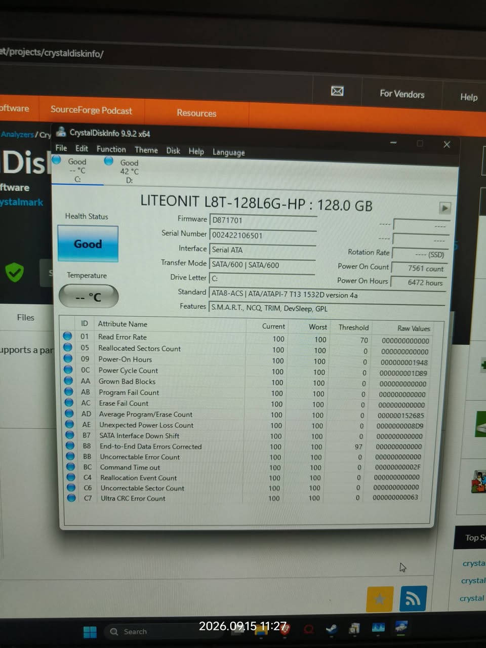 🔥 للبيع هاردات لابتوب 🔥
🔥 للبيع 3 هاردات بحالة ممتازة 🔥

💾 HDD 1TB
⚡ SSD M.2 SATA 128GB
⚡ SSD SATA III 128GB Goldenfir

✅ جميع القطع مفحوصة بـ CrystalDiskInfo
✅ الحالة Good
✅ بدون Bad Sectors
✅ شغالات بصورة طبيعية

💰 السعر: 100 ألف دينار للثلاثة سوا، قابل للتفاوض للجادين 💰

📌 البيع شلعة وحدة

📍 البصرة
📱 واتساب: ***********
📩 أو مراسلة خاص
متوفر توصيل

نص مكتوب في الصور:
- crystaldiskinfo/ SourceForge Podcast Resources For Vendors Help CrystalDiskInfo 9 File Edit Function Good -- °C C: Good 42 °C D: ST1000LM035-1RK172 : 1000.2 GB D: New Volume [522.5/931.5 GB (56.1 %)] ST1000LM035-1RK172 : 1000.2 GB Health Status Good Firmware ACM1 Serial Number WDE81EJA Interface Serial ATA Rotation Rate 5400 RPM Transfer Mode SATA/600 | SATA/600 Power On Count 2395 count Temperature 42 °C Drive Letter D: Power On Hours 11537 hours Standard ACS-3 | ACS-3 Revision 3b Features S.M.A.R.T., APM, NCQ, GPL ID Attribute Name Current Worst Threshold Raw Values 01 Read Error Rate 75 64 6 000001F50AAB 03 Spin-Up Time 99 99 0 000000000000 04 Start/Stop Count 37 37 20 00000000FFFF 05 Reallocated Sectors Count 100 100 36 000000000000 07 Seek Error Rate 72 60 45 00000DE8D70 09 Power-On Hours 87 87 0 654F0002D11 OA Spin Retry Count 100 100 97 000000000000 OC Power Cycle Count 98 98 20 00000000095B B8 End-to-End Error 100 100 99 000000000000 BB Reported Uncorrectable Errors 100 100 0 000000000000 BC Command Timeout 100 100 0 000000000000 BD High Fly Writes 100 100 0 00002B1C002A BE Airflow Temperature 58 51 40 000000000012 BF G-Sense Error Rate 100 100 0 000000000025 C0 Power-off Retract Count 100 100 0 00000017F69 C1 Load/Unload Cycle Count 51 51 0 000B0000002A C2 Temperature 42 49 0 000000000000 C5 Current Pending Sector Count 100 100 0 2026.09.15 11:27 Top Search crystaldis crystal dis crystal
- CrystalDiskInfo 9.9.2 x64
- File Edit Function Theme Disk Help Language
- Good
- -- °C
- C:
- 42 °C
- D:
- LITEONIT L8T-128L6G-HP : 128.0 GB
- Health Status
- Temperature
- Firmware D871701
- Serial Number 002422106501
- Interface Serial ATA
- Transfer Mode SATA/600 | SATA/600
- Drive Letter C:
- Standard ATA8-ACS | ATA/API-7 T13 1532D version 4a
- Features S.M.A.R.T., NCQ, TRIM, DevSleep, GPL
- Rotation Rate ---- (SSD)
- Power On Count 7561 count
- Power On Hours 6472 hours
- ID Attribute Name Current Worst Threshold Raw Values
- 01 Read Error Rate 100 10***********0000
- 05 Reallocated Sectors Count 100 100 0 000000000000
- 09 Power-On Hours 100 100 0 000000001948
- 0C Power Cycle Count 100 100 0 00000001D89
- AA Grown Bad Blocks 100 100 0 000000000000
- AB Program Fail Count 100 100 0 000000000000
- AC Erase Fail Count 100 100 0 000000000000
- AD Average Program/Erase Count 100 100 0 000000152685
- AE Unexpected Power Loss Count 100 100 0 000000008D9
- B7 SATA Interface Down Shift 100 100 0 000000000000
- B8 End-to-End Data Errors Corrected 100 100 97 000000000000
- BB Uncorrectable Error Count 100 100 0 000000000000
- BC Command Time out 100 100 0 00000000002F
- C4 Reallocation Event Count 100 100 0 000000000000
- C6 Uncorrectable Sector Count 100 100 0 000000000000
- C7 Ultra CRC Error Count 100 100 0 000000000063
- et/projects/crystaldiskinfo/
- Software
- SourceForge Podcast
- Resources
- For Vendors
- Help
- ztware
- ystalmark
- Files
- upports a par
- 2026.09.15 11:27
- Q Search
- top s
- crysta
- 2026.09.16 08:17