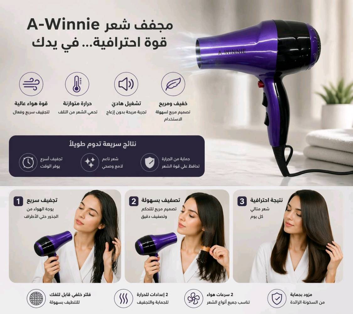 مجفف شعر أ-ويني

يمنح مجفف الشعر A-Winnie AW-844
تجربة تصفيف احترافية في المنزل، بفضل قوته العالية وتصميمه الأنيق والمريح.

يتيح قابلية التحكم الكامل في الحرارة والسرعة لتجفيف مثالي دون إتلاف الشعر.

يجعل كل يوم الشعر جميل مع القوة، الأناقة، واللمسة النهائية اللامعة.

220-240 فولت ~ 50-60 هرتز، 2000 واط

محرك تيار متردد قوي يوفّر أداءً ثابتًا وتجفيفًا سريعًا

سرعتان و3 إعدادات للحرارة لتناسب جميع أنواع الشعر

وظيفة الهواء البارد لتثبيت التسريحة وجعل الشعر أكثر لمعانًا

خطاف تعليق لسهولة التخزين والاستخدام

مزود بمكثف أسود محقون لتحكم دقيق في تدفق الهواء

فلتر قابل للإزالة لسهولة التنظيف والمحافظة على الأداء العالي
السعر 32.000
التوصيل لجميع المحافظات 5,000الاف