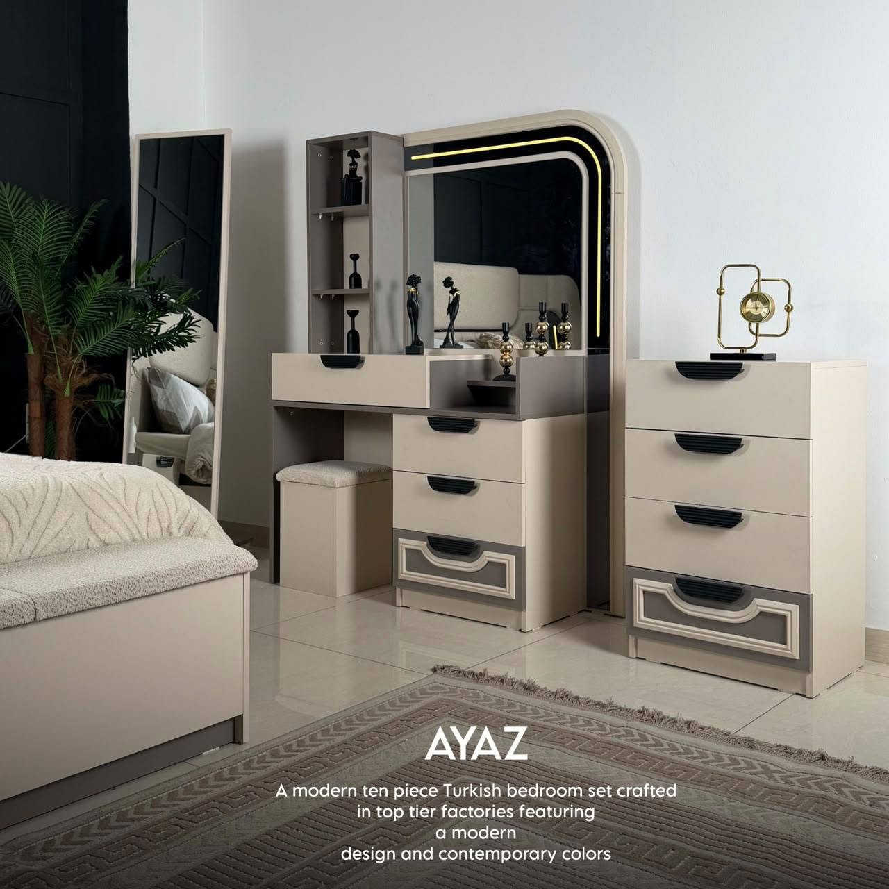 تم وصول موديل اياز 10 قطع  
10قطعة 
سرير خزان 
برغي حديد 
قياسات الدولاب 240/262/55
دولاب اضافي 240/88/55
كومدي عدد 2 ‘’55/135/40
ارتفاع السرير 200/180/135
ميز تواليت 173/132/41
درور .88/55/40
شازلونك 
مراية طويلة 
بوف
سكة ثلاث مراحل 
(قياسات مختلفة عن جميع البضاعة لي موجودة بسوق)
بسعر مليون و800   ناصريه قلعه سكر قرب سعيد يداوم  جعفر النجار  *********** ***********

نص مكتوب في الصور:
- AYAZ A modern ten piece Turkish bedroom set crafted in top tier factories featuring a modern design and contemporary colors
- AYAZ
- A modern ten piece Turkish bedroom set crafted
- in top tier factories featuring
- a modern
- design and contemporary colors