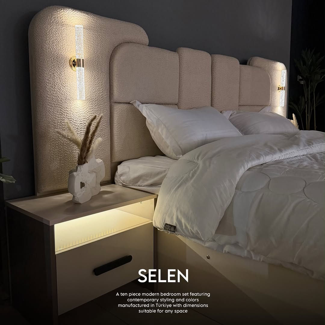 

نص مكتوب في الصور:
- SELEN A ten piece modern bedroom set featuring contemporary styling and colors manufactured in Türkiye with dimensions suitable for any space
- SELEN
- A ten piece modern bedroom set featuring
- contemporary styling and colors
- manufactured in Türkiye with dimensions
- suitable for any space
- A ten piece modern bedroom set featuring contemporary styling and colors manufactured in Türkiye with dimensions suitable for any space