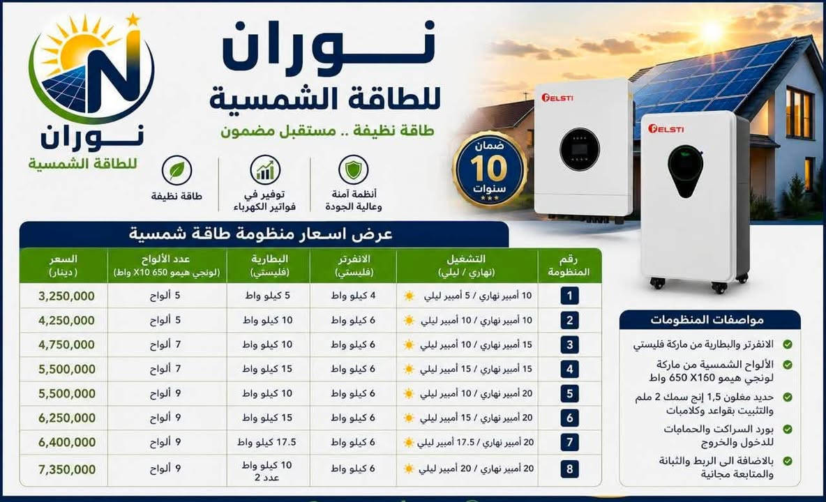 ✅ ألواح شمسية عالية الكفاءة
✅ إنفرترات وبطاريات حسب الحاجة
✅ تركيب احترافي
✅ خدمة واستشارة قبل الشراء

📩 للاستفسار وطلب السعر، راسلنا على الخاص.
 او اتصل على الرقم ***********
نوران للطاقة الشمسية — طاقة نظيفة، مستقبل أفضل ☀
نعمل على خدمتكم
