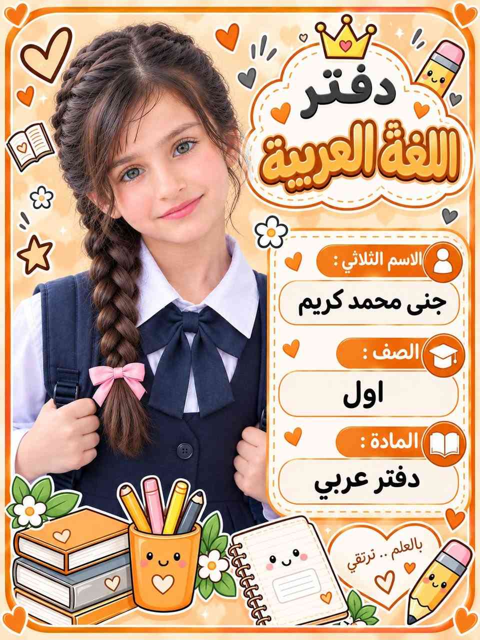 🎀لأن التفاصيل الصغيرة تصنع فرقًا… خلي كتاب أو دفتر بنتك أجمل بتصميم خاص ومميز ✨
مع إمكانية إضافة صورة بنتك، اسمها، صفها وشعبتها على الغلاف 📸🩷 وتنفيذ تصميم خاص بالكامل حسب رغبتكم وذوقكم 🌸🎨

💌 للطلب والاستفسار دايركت
ستوديو عمر الزين
 + واتساب  ( *********** )

معرف تيك توك  + أنستا     (oamr.1991@

نص مكتوب في الصور:
- العلم نور
- بالعلم نرتقي
- دفتر رياضيات
- الاسم ثلاثي :
- جود محمد كريم
- الصف :
- الثالث
- المادة :
- مستقبل مشرق
- أنت مميز
- دفتر الرياضيات
- الاسم الثلاثي :
- جنى محمد كريم
- اول
- دفتر اللغة العربية الاسم الثلاثي : جنى محمد كريم الصف : اول المادة : دفتر عربي بالعلم .. ترتقي
- دفتر عربي
- الأسم ثلاثي : جود محمد كريم
- الصف : الثالث
- المادة : دفتر عربي
- طموح
- نجاح
- أنت متميز
- 2+2=4
- الاسم ثلاثي : خطاب عمر محمد خليفه
- الصف : الثاني
- المادة : دفتر رياضيات
