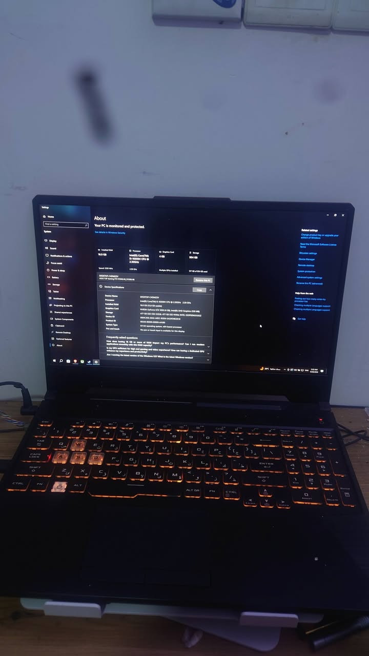 لابتوب اسوس تاف كيمنك للبيع مواصفات ضاهرة ذاكره 512 nvm كارتونه وشاحنه اصليه فقط زر ويندوز مشلوع ما مأثر عليه سعره 600 مكاني بغداد حي الخضراء ***********

نص مكتوب في الصور:
- Device Specifications Copy Device Name DESKTOP-C4DM25V Processor Intel(R) Core(TM) i5-10300H CPU @ 2.50GHz 2.50 GHz Installed RAM 16.0 GB (15.8 GB usable) Graphics Card NVIDIA GeForce GTX 1650 (4 GB), Intel(R) UHD Graphics (128 MB) Storage 477 GB SSD SSD 512GB, 477 GB SSD NVMe INTEL SSDPEKNU512GZ Device ID 0001C450-3632-44DC-B3D8-5423FD8E2EC8 Product ID 00330-80000-00000-AA180 Manage recent installations Trending games you don't want to miss
- About Your PC is monitored and protected. See details in Windows Security Installed RAM 16.0 GB Speed: 3200 MHz Processor Intel(R) Core(TM) i5-10300H CPU @ 2.50GHz 2.50 GHz Graphics Card 4 GB Multiple GPUs installed DESKTOP-C4DM25V ASUS TUF Gaming F15 FX506LHB_FX506LHB Device Specifications Device Name DESKTOP-C4DM25V Processor Intel(R) Core(TM) i5-10300H CPU @ 2.50GHz Installed RAM 16.0 GB (15.8 GB usable) Graphics Card NVIDIA GeForce GTX 1650 (4 GB), Intel(R) UHD Graphics (128 MB) Storage 477 GB SSD SSD 512GB, 477 GB SSD NVMe SSDPEKNUS12GZ Device ID 0001C450-3632-44DC-B3D8-S423FD8E2EC8 Product ID 00330-80000-00000-AA180