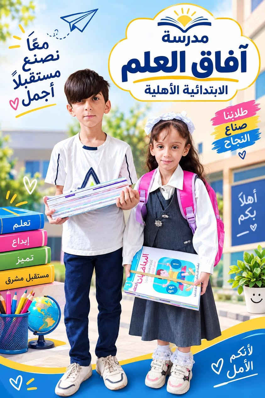 للتسجيل بقسط 75 الف 😍

نص مكتوب في الصور:
- مدرسة آفاق العلم الابتدائية الأهلية تعليم إبداع تميز نجاح بالعلم نبني مستقبلنا معاً نحو النجاح والتفوق
- معاً نصنع مستقبلاً أجمل مدرسة آفاق العلم الابتدائية الأهلية طلابنا صناع النجاح أهلاً بكم تعلم إبداع تميز مستقبل مشرق لأنكم الأمل
- مدرسه آفاق العلم