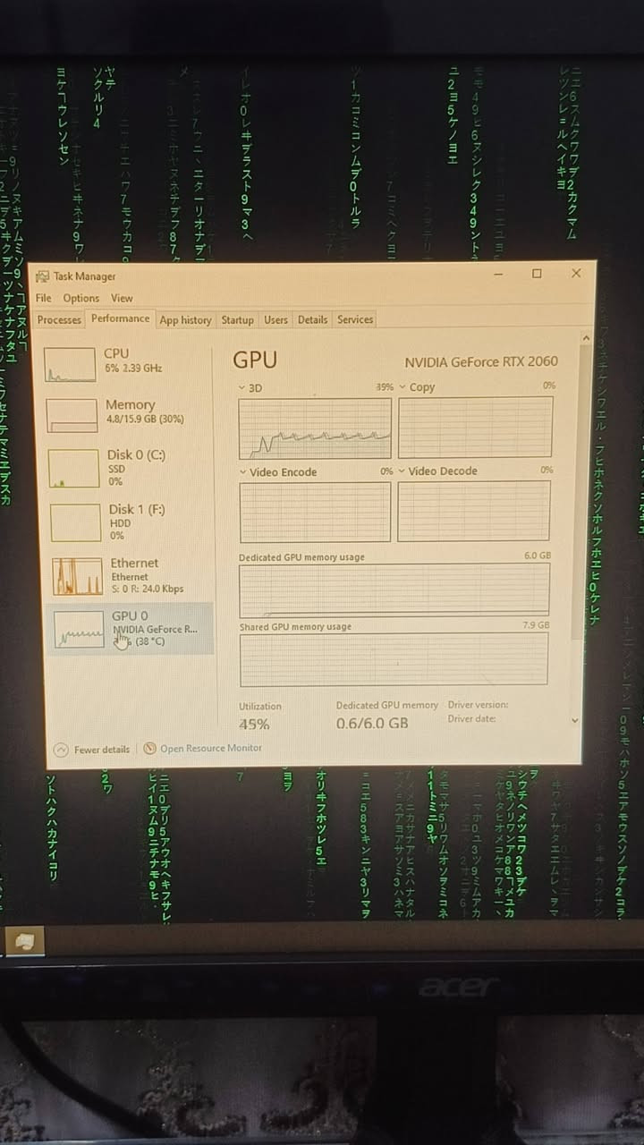 تجميعة pc للبيع كاملة مع شاشة كيمنك وماوس وكيبورد Intel Core i5-10400F
NVIDIA GeForce RTX 2060 6GB
16GB DDR4 RAM 2400MHz
Samsung 860 EVO 500GB SSD
Seagate 1TB HDD (ST1000DM003)
Intel Ethernet Connection I219-V
Windows 10/11
6 Cores / 12 Threads
Base Clock: 2.90GHz
L3 Cache: 12MB 
اي استفسار واتساب *********** فقط واتساب

نص مكتوب في الصور:
- Task Manager
- File Options View
- Processes Performance App history Startup Users Details Services
- CPU
- 6% 2.22 GHz
- Memory
- 4.8/15.9 GB (30%)
- Disk 0 (C:)
- SSD
- 1%
- Disk 1 (F:)
- HDD
- 0%
- Ethernet
- S: 0 R: 16.0 Kbps
- GPU 0
- NVIDIA GeForce R...
- 33% (38 °C)
- ST1000DM003-1SB102
- Active time
- 100%
- 60 seconds
- 0
- Disk transfer rate
- 100 KB/s
- Average response time
- 0 ms
- Capacity:
- Formatted:
- 932 GB
- System disk:
- No
- Read speed
- 0 KB/s
- Write speed
- Page file:
- Type:
- Fewer details
- Open Resource Monitor
- 6% 1.72 GHz
- S: 0 R: 24.0 Kbps
- GPU O
- 36% (38 °C)
- Ethernet Intel(R) Ethernet Connection (14) I219-V
- Throughput
- 500 Kbps
- 450 Kbps
- Send
- 0 Kbps
- Receive
- 24.0 Kbps
- Adapter name: Ethernet
- Connection type: Ethernet
- IPv4 address: 192.168.0.123
- IPv6 address: fe80::a66:33ce:b730:cf95%4
- 6% 2.39 GHz
- (38 °C)
- GPU
- NVIDIA GeForce RTX 2060
- 3D
- 39% Copy
- Video Encode
- 0% Video Decode
- Dedicated GPU memory usage
- 6.0 GB
- Shared GPU memory usage
- 7.9 GB
- Utilization
- 45%
- Dedicated GPU memory
- 0.6/6.0 GB
- Driver version:
- Driver date:
- Task Manager File Options View Processes Performance App history Startup Users Details Services CPU 5% 1.14 GHz Memory 4.8/15.9 GB (30%) Disk 0 (C:) SSD 0% Disk 1 (F:) HDD 0% Ethernet Ethernet S: 0 R: 16.0 Kbps GPU 0 NVIDIA GeForce R... 38% (38 °C) CPU Intel(R) Core(TM) i5-10400F CPU @ 2.90GHz % Utilization 100% 60 seconds 0 Utilization 5% Speed 1.14 GHz Base speed Sockets: Cores: Logical processors: Virtualization: Hyper-V support: L1 cache: L2 cache: L3 cache: 2.90 GHz 1 6 12 Disabled Yes 384 KB 1.5 MB 12.0 MB Processes 190 Threads 2895 Handles 85495 Up time 1:22:36:41 Fewer details Open Resource Monitor
- 6% 1.62 GHz
- 1.8 / 15.9 GB (30%)
- S: 8.0 R: 32.0 Kbps
- 34% (38 °C)
- Memory usage
- 16.0 GB
- 15.9 GB
- Memory composition
- In use (Compressed)
- 4.6 GB (20.1 MB)
- Available
- 11.1 GB
- Speed:
- Slots used:
- Form factor:
- Hardware reserved:
- 2400 ...
- 2 of 2
- DIMM
- 148 MB
- Committed
- 5.6 / 18.7 GB
- Cached
- 1.8 GB
- Paged pool
- 293 MB
- Non-paged pool
- 213 MB
- Task Manager File Options View Processes Performance App history Startup Users Details Services CPU 6% 2.07 GHz Memory 4.8/15.9 GB (30%) Disk 0 (C:) 0% Disk 1 (F:) HDD 0% Ethernet Ethernet S: 0 R: 24.0 Kbps GPU 0 NVIDIA GeForce R... 37% (38 °C) Disk 0 (C:) Samsung SSD 860 EVO 500GB Active time 100% 60 seconds Disk transfer rate 500 KB/s 450 KB/s 60 seconds Active time 0% Average response time 1.0 ms Capacity: Formatted: System disk: Page file: Type: 466 GB 466 GB Yes Yes SSD Read speed 49.6 KB/s Write speed 74.4 KB/s Fewer details Open Resource Monitor