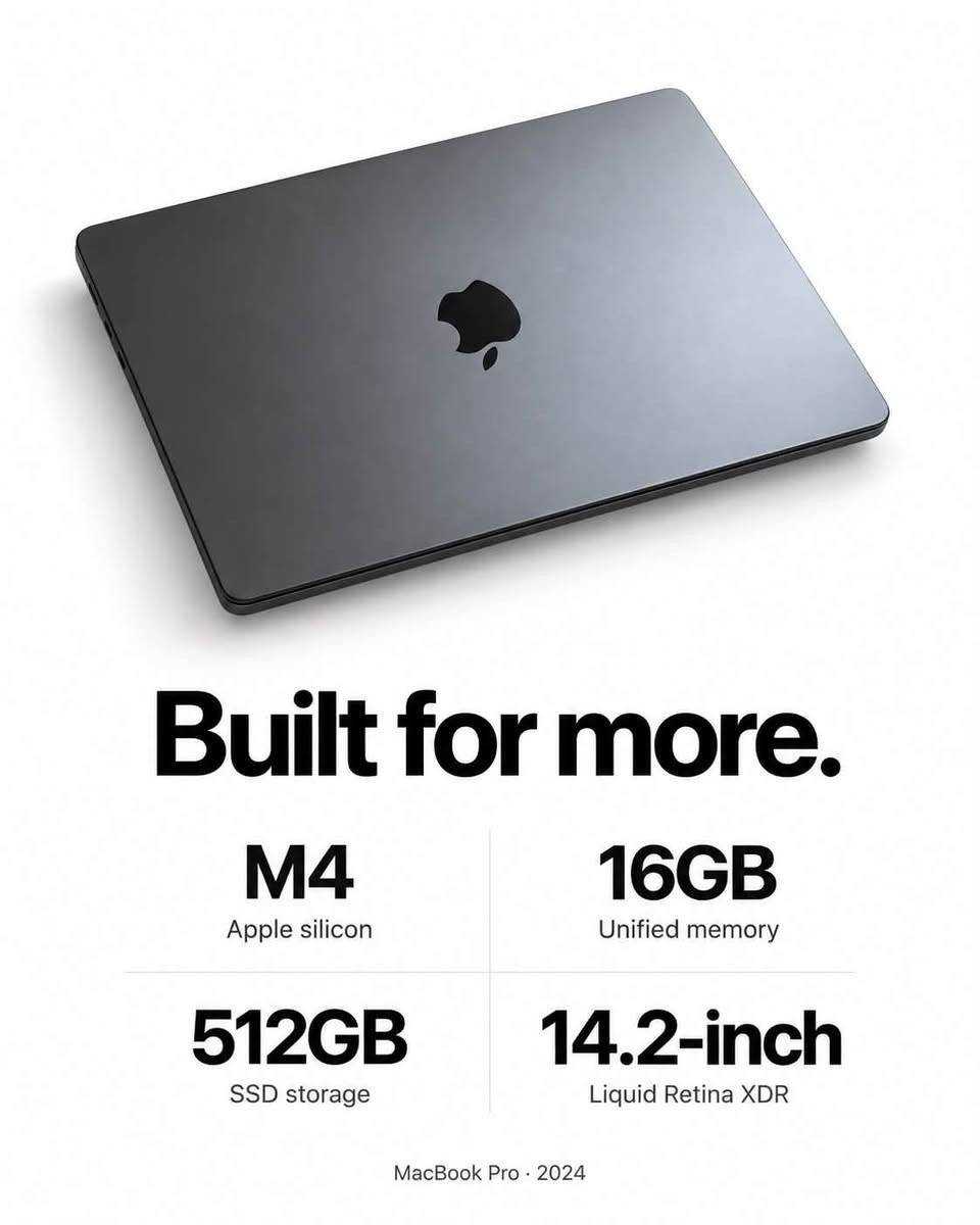 MacBook Pro 14-inch M4 – 2024

الجهاز نظيف جداً 100% وحالته ممتازة.

المواصفات:

* Apple M4
* RAM: 16GB Unified Memory
* Storage: 512GB SSD
* شاشة 14.2-inch Liquid Retina XDR
* 10-Core CPU
* 10-Core GPU
* Thunderbolt 4
* HDMI
* SDXC
* MagSafe 3

السعر: 2,400,000 دينار عراقي
يوجد مجال بسيط جداً بالسعر.

📍 البصرة – التحسينية
📞 ***********

نص مكتوب في الصور:
- MacBook Pro
- 14-inch • M4 • 2024
- 16GB Memory | 512GB SSD
- نظافة 100% حسب وصف المالك
- Built for more. M4 Apple silicon 16GB Unified memory 512GB SSD storage 14.2-inch Liquid Retina XDR MacBook Pro . 2024
- Every detail, Pro. 3x Thunderbolt 4 • HDMI • SDXC MagSafe 3 • 3.5mm audio 10-core CPU • 10-core GPU MacBook Pro 14-inch | M4 | 2024