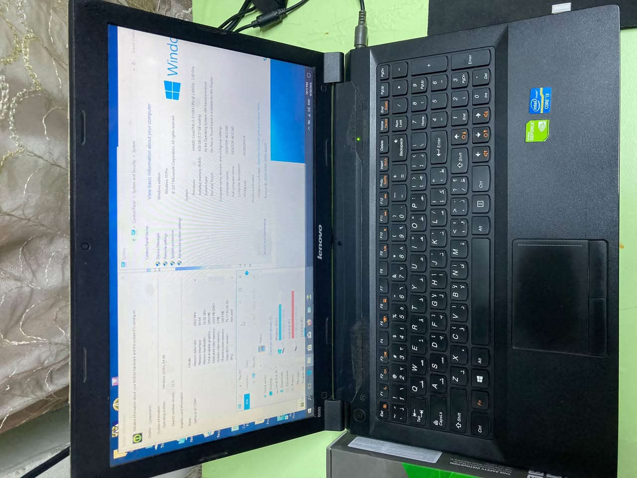 السلام عليكم 
لاب توب لينوفو  مستعملة للبيع موديل B590

السعر : 130 الف

المواصفات 
المعالج :core i3 3110 m 
الرام : 4GB
كارت الشاشة خارجي : 1GB Nividia 
الهارد : SSD 256 GB
الواي فاي : يعمل 
البلوتوث : يعمل 
الصوت : يعمل 
الكامرة : تعمل 
البطارية الحالية : تعمل نصف ساعة 
البطارية الاضافية  : جديدة 
الشاشة : تعمل 
الشاحنة : تعمل 
الكيبورد والماوس : يعمل 
المخارج : تعمل USB -HDMI - VGA 
نظام التشغيل : windows10 

الملحقات 
ماوس واير ليس 
باد ماوس 

الاضرار : لاتوجد 

السعر  130   الف 

للتواصل واتساب : ***********

نص مكتوب في الصور:
- System Information Detailed information about your NVIDIA hardware and the system it's running on. Display Components System information Operating system: Windows 10 Pro, 64-bit DirectX runtime version: 12.0 Graphics card information Items Details GeForce GT 720M Memory data rate: 2002 MHz Memory interface: 64-bit Memory bandwidth: 16.02 GB/s Total available graphics ... 2853 MB Dedicated video memory: 1024 MB DDR3 System video memory: 0 MB Shared system memory: 1829 MB Video BIOS version: 75.17.53.00.53 IRQ: Not used This PC File Computer View Search This PC Quick access Desktop Local Disk (C:) Downloads Documents Pictures Messages Programs64 Videos Devices and drives (5) Windows 10 (C:) 28.1 GB free of 100 GB Local Disk (D:) 2.01 GB free of 64.9 GB Local Disk (E:) Control Panel Control Panel Home Device Manager Remote settings System protection Advanced system settings View basic information about your computer Windows edition Windows 10 Pro (C) 2017 Microsoft Corporation. All rights reserved. System Processor: Intel(R) Core(TM) i3-3110M CPU @ 2.40GHz 2.40 GHz Installed memory (RAM): 4.00 GB (3.57 GB usable) System type: 64-bit Operating System, x64-based processor Pen and Touch: No Pen or Touch Input is available for this Display Computer name, domain, and workgroup settings Computer name: DESKTOP-4KJC09D Full computer name: DESKTOP-4KJC09D Computer description: Workgroup: WORKGROUP Windows activation Windows is activated Read the Microsoft Software License Terms Product ID: 00330-80000-00000-AA926 See also Security and Maintenance 10:17 PM 9/30/2026 ENG