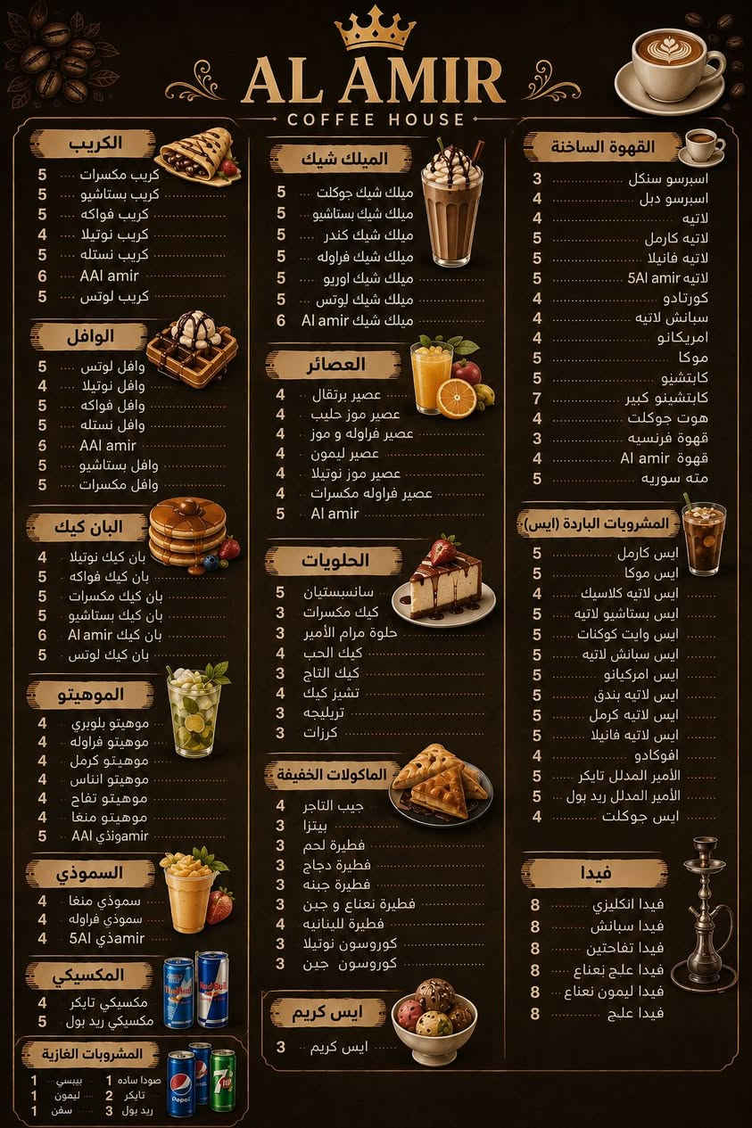 كوفي هاوس الأمير.   
    العنوان 
 العامريه شارع العمل الشعبي.  مقابل كرزات الموصل 
***********
