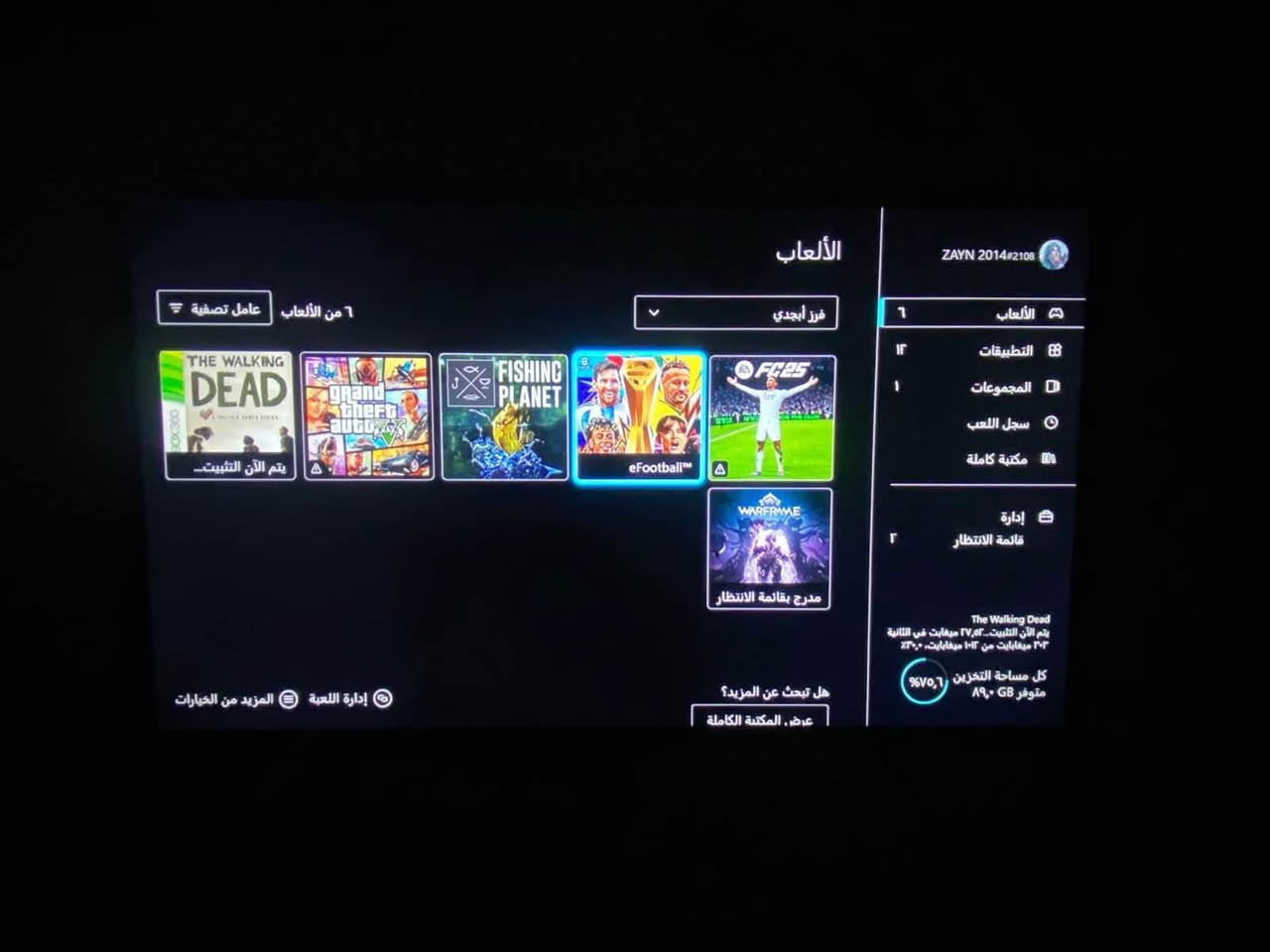 XBOX ONE Sجهاز للبيع
نضافت الجهاز 90‎%‎
جهاز ما مفتوح ولا مبدل بي شي
حسابين داخل الجهاز الحسابين بيهن GAME PASSبس خلصانات
الجهاز مع يده واحده اصليه فقط 
مع شاحن بطاريات 🔋 لليده و مع كامل الملحقات بدون نقص اي شي
جهاز استخدام بيتي يعني نضيف كلش مثل ما موضح بالصوره 🫡
للاستفسار *********** ومتواجد بلماسنجر🤙🏻

نص مكتوب في الصور:
- ZAYN 2014#2108 الألعاب 6 من الألعاب عامل تصفية فرز أبجدي THE WALKING DEAD يتم الآن التثبيت... FISHING PLANET eFootball FC25 WARFRAME مدرج بقائمة الانتظار الألعاب التطبيقات المجموعات سجل اللعب مكتبة كاملة إدارة قائمة الانتظار The Walking Dead يتم الآن التثبيت... ٣٧,٥٦ ميغابايت في الثانية ٣٠٣ ميغابايت من ١٠١٣ ميغابايت, ٣٠,٠٪ كل مساحة التخزين ٧٥,٦% متوفر ٨٩,٠ GB هل تبحث عن المزيد؟ عرض, المكتبة الكاملة إدارة اللعبة المزيد من الخيارات
- ZAYN 2014#2108
- 6 الألعاب
- 12 التطبيقات
- 1 المجموعات
- سجل اللعب
- مكتبة كاملة
- إدارة
- قائمة الانتظار
- التحديثات
- The Walking Dead
- يتم الآن التثبيت: 35,84 ميغابايت في الثانية
- 40,4 ميغابايت من 101,3 ميغابايت، 39,9%
- كل مساحة التخزين (75,6%)
- متوفر 89,0 GB
- كل الألعاب | الألعاب المملوكَة | مجاني مع Xbox | التطبيقات المملوكَة | Xbox Game Pass | الاشتراكات
- CALL OF DUTY
- APEX LEGENDS
- SEASON 3
- FISHING PLANET
- ENLISTED
- DELTA FORCE
- HARWEN