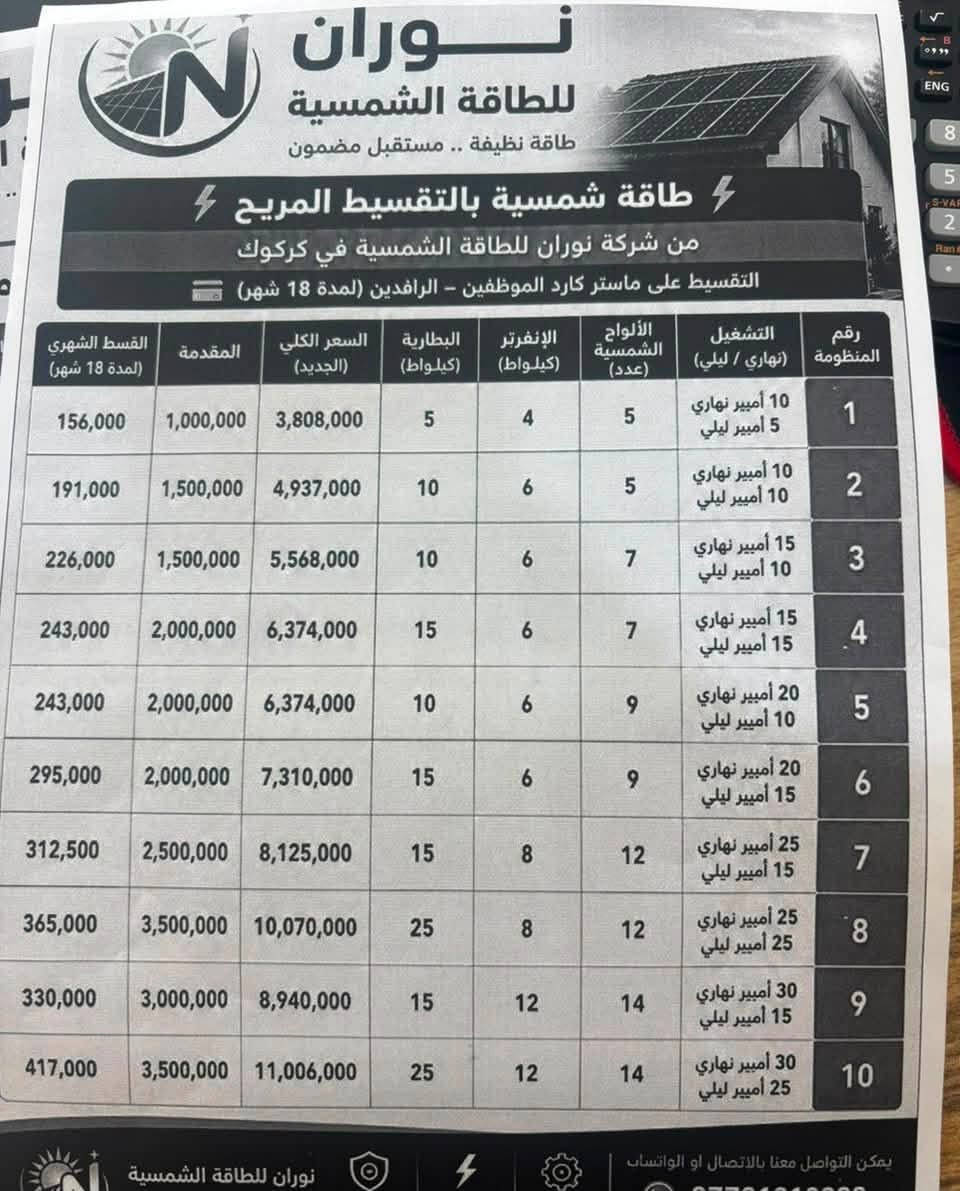 ✅ ألواح شمسية عالية الكفاءة
✅ إنفرترات وبطاريات حسب الحاجة
✅ تركيب احترافي
✅ خدمة واستشارة قبل الشراء

📩 للاستفسار وطلب السعر، راسلنا على الخاص.
 او اتصل على الرقم ***********
نوران للطاقة الشمسية — طاقة نظيفة، مستقبل أفضل ☀
نعمل على خدمتكم
