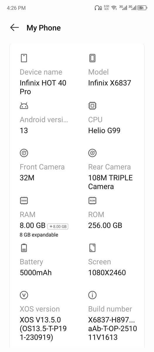 انفنكس هوت 40 
ذاكره 256 
بطاريه 5000
كامره اماميه 32 M
كامره خلفيه 50 M
ذاكره داخليه 8 
شاشه 2460×1080

السعر 120وبي مجال قليل للاستفسار الاتصال ***********
