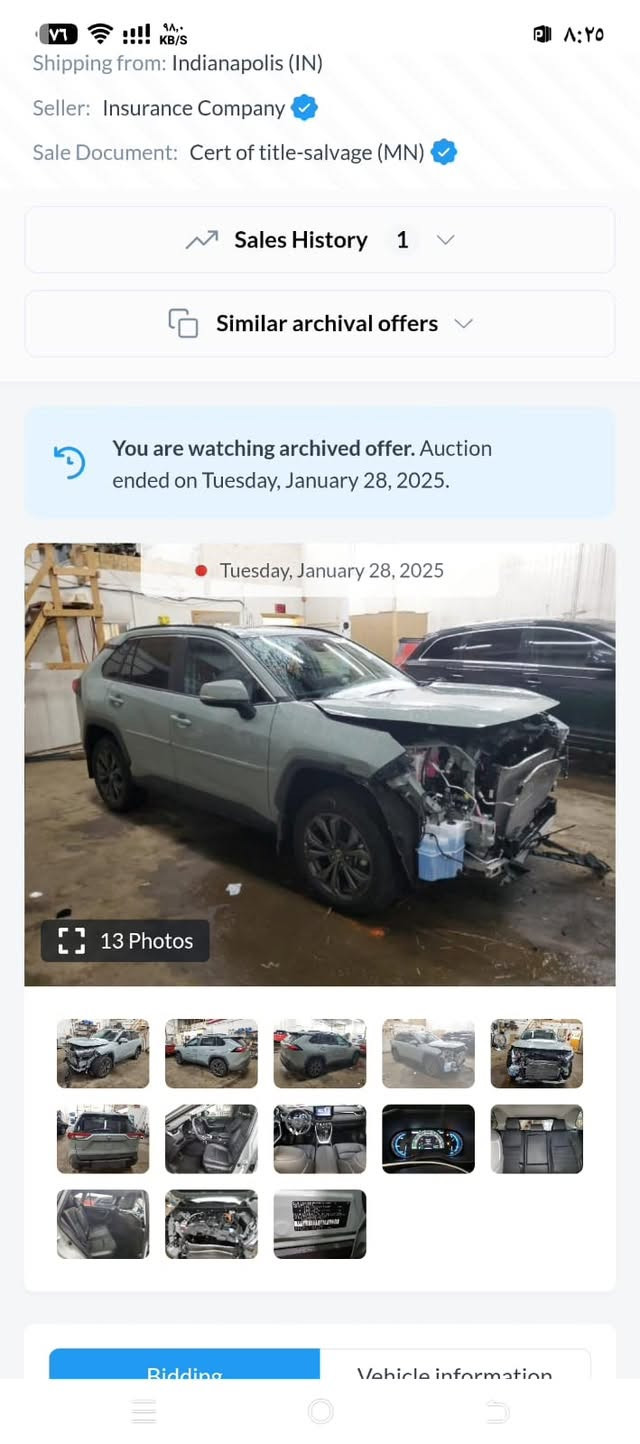 TOYOTA RAV4 XLE
( PREMIUM )
السلام عليكم 
راف 4 XLE PREMIUM 
موديل ٢٠٢٣
سياره مكفولة كفاله عامة
اللون سمنتي
فتحة سقف
كشنات جلد
جنطة كهرباء
خزن ميموري
ماشية ٣٥ ميل
السعر : 242 وبيهه مجال
المكان : ديالى بعقوبة
للأستفسار الاتصال ع : ***********

نص مكتوب في الصور:
- Shipping from: Indianapolis (IN) Seller: Insurance Company Sale Document: Cert of title-salvage (MN) Sales History 1 Similar archival offers You are watching archived offer. Auction ended on Tuesday, January 28, 2025. Tuesday, January 28, 2025 13 Photos Bidding Vehicle information