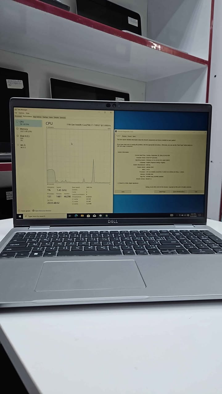 لابتوب Dell Latitude 5520 – الأداء والاعتمادية بين يديك!
إذا كنت تدور على لابتوب يجمع بين الأداء العالي، القوة، والشكل الأنيق، فهذا الجهاز هو خيارك المثالي. صُمم خط Dell Latitude خصيصًا ليتحمل العمل الشاق ويوفر لك أعلى مستويات الاعتمادية اليومية.
أبرز المواصفات:
المعالج: Intel Core i7-1185G7 (الجيل الحادي عشر) – أداء قوي وسريع جدًا للera المهام المتعددة والتصفح الثقيل.
الذاكرة العشوائية (RAM): 8GB DDR4 – سلاسة فائقة في التنقل بين التطبيقات.
التخزين: 256GB NVMe SSD – إقلاع خاطف للنظام وسرعة عالية في نقل الملفات.
كرت الشاشة: Intel Iris Xe Graphics – أداء ممتاز لمونتاج الفيديوهات الخفيفة، التصميم، وتشغيل الألعاب المتوسطة بكفاءة.
الشاشة: 15.6 بوصة بدقة FHD (1080p) – ألوان واضحة ومريحة للعين مع مساحة رؤية واسعة.
لماذا تختار هذا الجهاز؟
تصميم عملي ومتين: خامات تصنيع ممتازة تتحمل الاستخدام اليومي المستمر.
سلاسة في الأداء: معالج i7 من الجيل الحادي عشر يضمن لك كفاءة عالية في إنجاز أعمالك أو دراستك دون أي تأخير.
جاهز للاستخدام: يأتي الجهاز بفحص كامل وجاهز لتلبية كل متطلباتك.
السعر والعرض الخاص:
السعر: 450 ألف دينار عراقي فقط
التوصيل: واصل وشامل لكافة المحافظات (السعر شامل التوصيل بالكامل). بغداد, العراق

نص مكتوب في الصور:
- Task Manager File Options View Processes Performance App history Startup Users Details Services CPU 1% 1.42 GHz CPU 11th Gen Intel(R) Core(TM) i7-1185G7 @ 3.00GHz Memory 1.8/7.7 GB (23%) Disk 0 (C:) SSD 1% Wi-Fi Wi-Fi 2 % Utilization 100% 60 seconds Utilization Speed Base speed 1.80 GHz 1% 1.43 GHz Sockets: 1 Cores: 4 Processes Threads Handles Logical processors 8 131 1481 46298 Virtualization Enabled L1 cache: 320 KB Up time L2 cache: 5.0 MB 20:03:48:02 L3 cache: 12.0 MB Fewer details Open Resource Monitor O Type here to search DX DirectX Diagnostic Tool System Display Sound Input This tool reports detailed information about the DirectX components and drivers installed on your system. If you know what area is causing the problem, click the appropriate tab above. Otherwise, you can use the "Next Page" button below to visit each page in sequence. System Information Current Date/Time: Sunday, September 20, 2020, 8:24:39 PM Computer Name: DESKTOP-Q3DC69C Operating System: Windows 10 Pro 64-bit (10.0, Build 19041) Language: English (Regional Setting: English) System Manufacturer: Dell Inc. System Model: Latitude 5520 BIOS: 1.4.0 Processor: 11th Gen Intel(R) Core(TM) i7-1185G7 @ 3.00GHz (8 CPUs), ~1.8GHz Memory: 8192MB RAM Page File: 1043MB used, 8199MB available DirectX Version: DirectX 12 Check for WHQL digital signatures Help Save All Information Next Page Exit 8:25 PM 9/20/2020
- DirectX Diagnostic Tool ystem Display Sound Input This tool reports detailed information about the DirectX components and drivers installed on your system. If you know what area is causing the problem, click the appropriate tab above. Otherwise, you can use the "Next Page" button be visit each page in sequence. System Information Current Date/Time: Sunday, September 20, 2026, 8:24:39 PM Computer Name: DESKTOP-Q3EO39C Operating System: Windows 10 Pro 64-bit (10.0, Build 19045) Language: English (Regional Setting: English) System Manufacturer: Dell Inc. System Model: Latitude 5520 BIOS: 1.43.0 Processor: 11th Gen Intel(R) Core(TM) i7-1185G7 @ 3.00GHz (8 CPUs), ~1.8GHz Memory: 8192MB RAM Page file: 1643MB used, 8194MB available DirectX Version: DirectX 12 Check for WHQL digital signatures DxDiag 10.00.19041.3636 64-bit Unicode Copyright (C) Microsoft. All rights reserved Help Next Page Save All Information