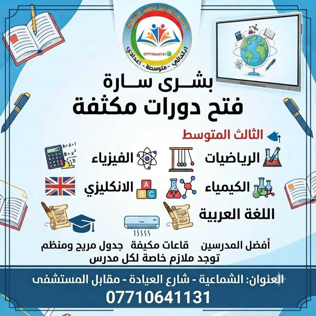 إعلان تسجيل الثالث المتوسط - معهد الأجراس
إلى طلاب الثالث المتوسط الأعزاء، اصنعوا طريق تفوقكم من الآن وانضموا إلى نخبة مدرسي العراق في معهد الأجراس للدروس التقوية.

نخبة من أفضل المدرسين لكل مواد الثالث المتوسط.

ملازم خاصة وحصرية أُعدت بعناية لتغطية المنهج بأبسط وأدق التفاصيل من إعداد مدرسيك مباشرة.

متابعة يومية، أسبوعية، وشهرية لتقييم المستوى وضمان السيطرة التامة على المادة الدراسية.

النجاح مضمون بخطط تدريسية مركزة واختبارات وزارية تجريبية مستمرة.

المقاعد محدودة جداً لحجز مقعدك والضمان الحقيقي للتفوق، بادر بالاتصال الآن: 📞 ***********

📍 العنوان: الشماعية - شارع العيادة - مقابل المستشفى.
