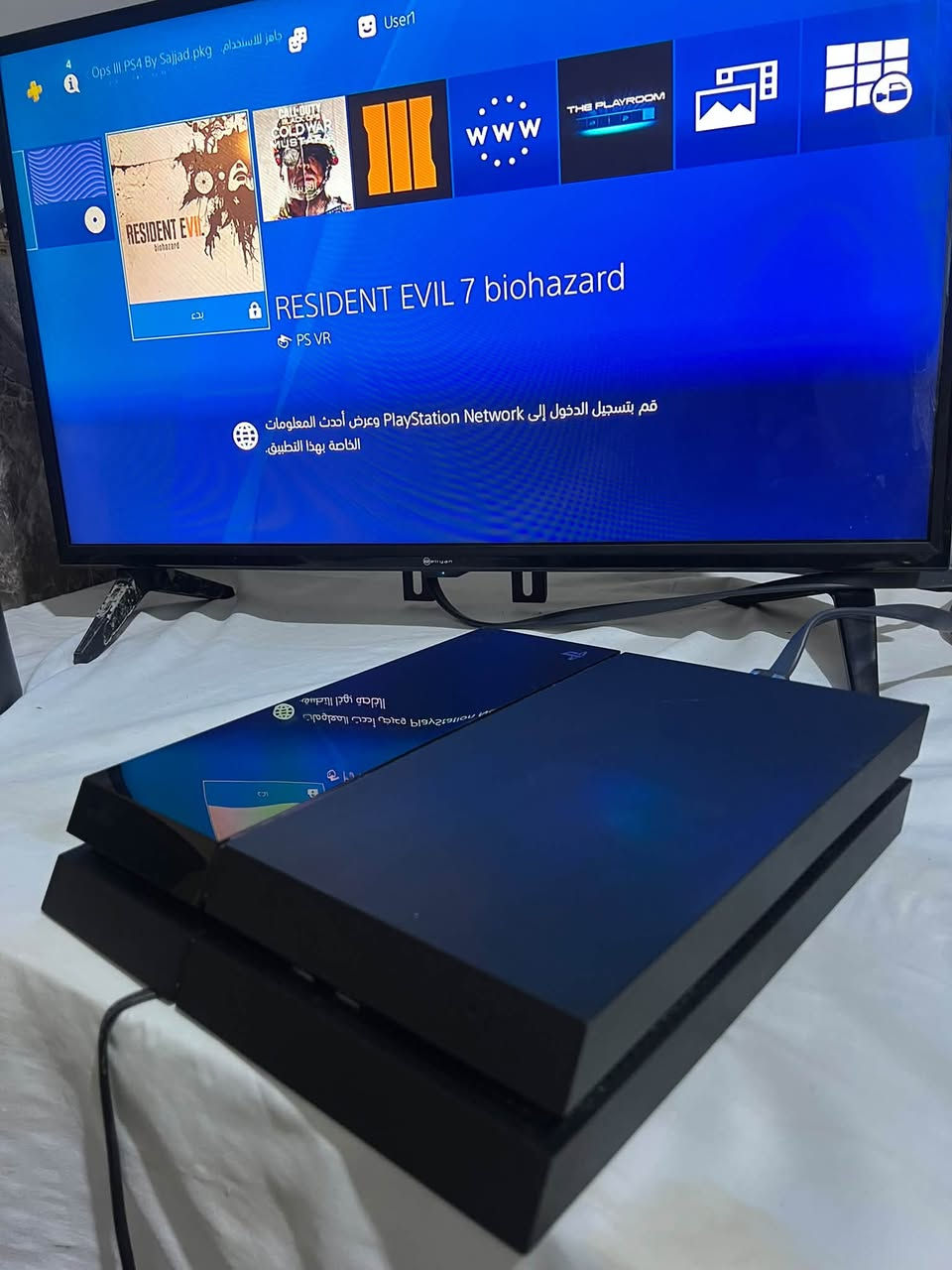 بلي ستيشن 4 فات مهكر  نظام 9.51 مساحة 500GB وياه ثنين جوستك والعاب 3 
من ضمنهن 
Call of duty cold war 
Call of duty black ops 3 
Resident Evil 7
وتكدر تحمل عليه بعد اكثر من لعبة وتتونس سعره 220
موجود واتس ***********

نص مكتوب في الصور:
- جاهز للاستخدام. Ops III PS4 By Sajjad.pkg User1 ٩:٠١ RESIDENT EVIL 7 biohazard PS VR بدء قم بتسجيل الدخول إلى PlayStation Network وعرض أحدث المعلومات الخاصة بهذا التطبيق.