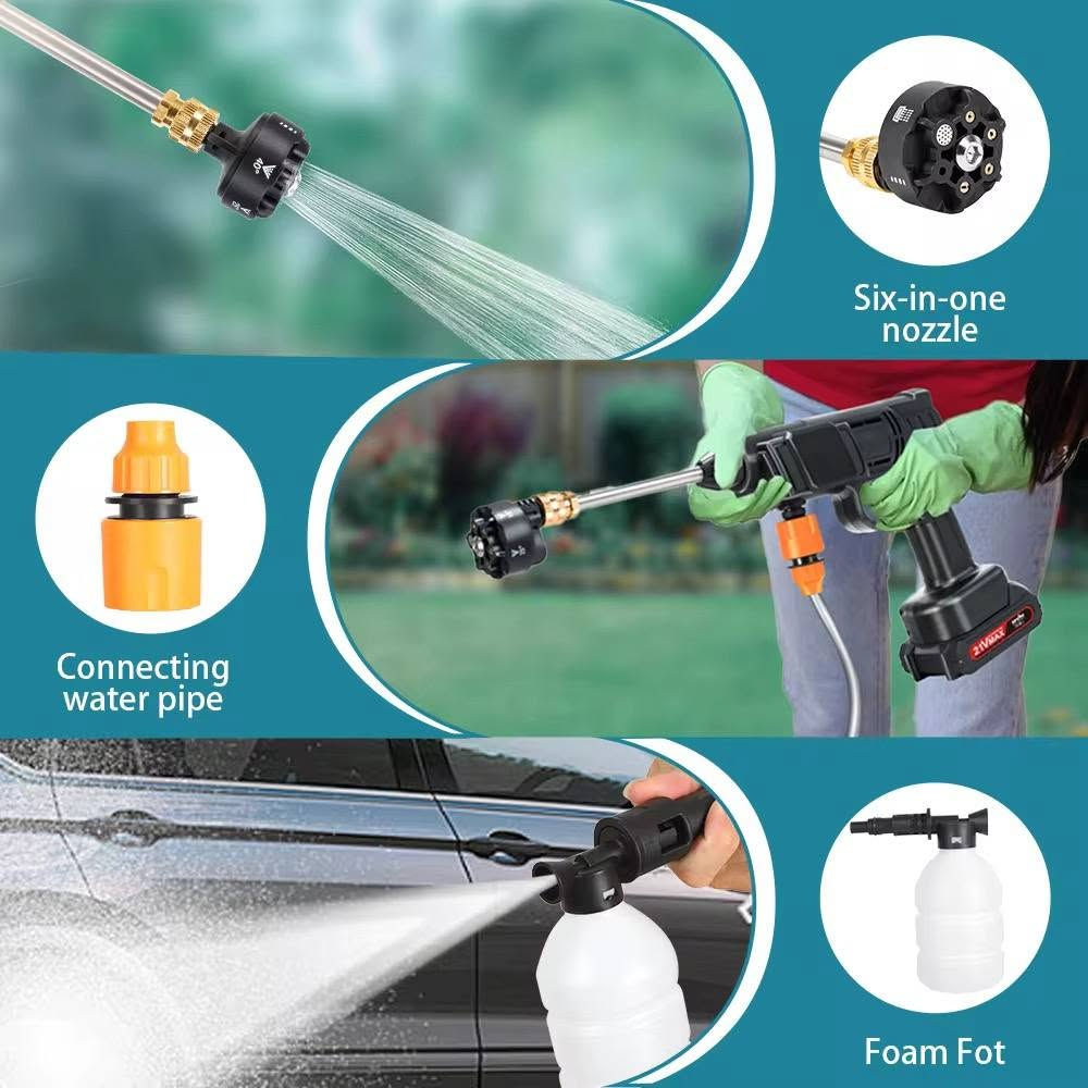 فارة شحن محمول بطارية وحدة
للتواصل واتساب ***********
أو خاص

نص مكتوب في الصور:
- Package Included 40Cm 21.5cm Stainless steel extension rod Water inlet filter 40° water outlet 0° water outlet Battery inlet pipe Foam pot Water connection UL charger
- Six-in-one nozzle
- Connecting water pipe
- Foam Fot
- 1.Pull down the outer ring, thread the water pipe 2.Into the outer ring. 3.Mount the bottle 4.Install extension rod 5.Install Nozzel 6.Install lithium battery 7.Install foam pot The installation is complete