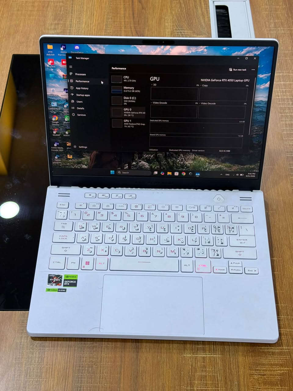 💻 ASUS ROG Zephyrus G14 – Gaming Laptop
💻 ASUS ROG Zephyrus G14 – Gaming Laptop

جهاز قوي ومناسب للألعاب، التصميم، المونتاج والبرامج الثقيلة 🔥

⚙️ المواصفات:

* Processor: AMD Ryzen 7 7735HS – 3.20GHz
* RAM: 16GB DDR5 – 4800 MT/s
* Graphics: NVIDIA GeForce RTX 4050 Laptop GPU 6GB
* Integrated Graphics: AMD Radeon Graphics
* Storage: 512GB SSD NVMe
* System: Windows 11 – 64-bit
* Model: ROG Zephyrus G14 GA402NU
* Color: White 🤍

🚀 أداء قوي وسريع، مناسب لـ Gaming – Photoshop – Illustrator – Premiere – After Effects – 3D & Rendering

السعر : 1،350،000 مليون دينار وبيه مجال 
للاستفسار على الرقم ***********

نص مكتوب في الصور:
- Settings Find a setting System About Processor AMD Ryzen 7 7735HS with Radeon Graphics 3.20 GHz Installed RAM 16 GB Speed: 4800 MT/s Graphics card 6 GB Multiple GPUs installed Storage 477 GB 114 GB of 477 GB used Home System Bluetooth & devices Network & internet Personalization Apps Accounts Time & language Gaming Accessibility Privacy & security Windows Update DESKTOP-CJD0F6H ROG Zephyrus G14 GA402NU_GA402NU Rename this PC Device info Copy Device name DESKTOP-CJD0F6H Processor AMD Ryzen 7 7735HS with Radeon Graphics (3.20 GHz) Installed RAM 16.0 GB (15.2 GB usable) Graphics card NVIDIA GeForce RTX 4050 Laptop GPU (6 GB) AMD Radeon(TM) Graphics (486 MB) Storage 114 GB of 477 GB used Device ID 4C1AF383-CB00-4E8D-9E50-D7A2C9703F81 Product ID 00330-80000-00000-AA689 System type 64-bit operating system, x64-based processor Pen and touch No pen or touch input is available for this display Related links Domain or workgroup System protection Advanced system settings Search ENG 9:42 PM 9/21/2026