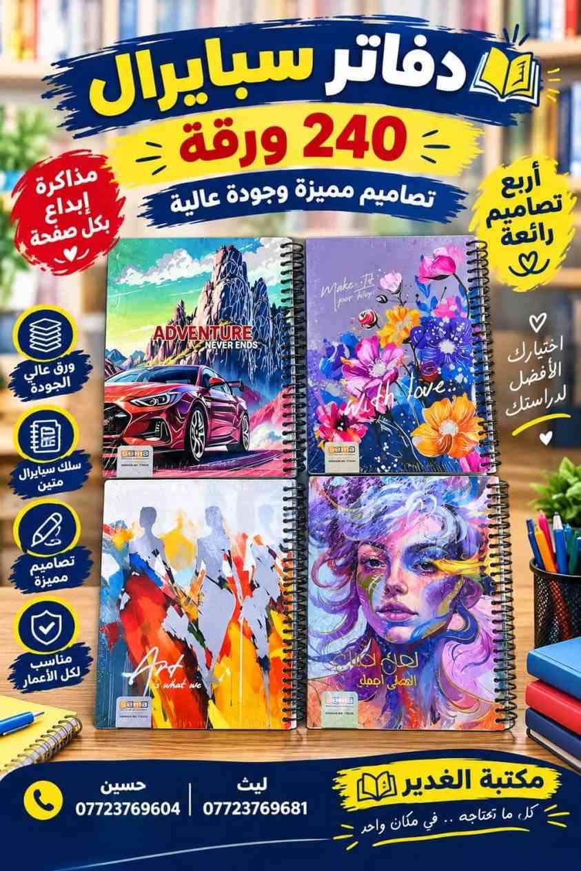 �✨ توفر لدينا قسم من السجلات ✨📚

تصاميم متنوعة وجميلة تناسب جميع الأذواق 😍
📖 سجلات مدرسية
📝 سجلات للمعلمين والمدرسين
📒 تصاميم أنيقة وعملية
⭐ جودة ممتازة وتشطيبات مرتبة
🎨 ألوان وتصاميم متنوعة

زورونا في مكتبة الغدير وخلي اختياركم علينا ❤️
📍 العنوان: واسط – قضاء الصويرة – حي الأسرى

📞 ليث: ***********
📞 حسين: ***********

نص مكتوب في الصور:
- دفاتر سبايرل 150 ورقة تصاميم مميزة وجودة عالية مكتبة الغدير
- دفاتر سبايرال 240 ورقة تصاميم مميزة وجودة عالية مذاكرة إبداع بكل صفحة أربع تصاميم رائعة اختيارك الأفضل لدراستك ورق عالي الجودة سلك سبايرال متين تصاميم مميزة مناسب لكل الأعمار حسين *********** ليث *********** مكتبة الغدير كل ما تحتاجه .. في مكان واحد
- دفاتر نوت بوك تصاميم عصرية وجودة عالية للدراسة والجامعة والمكتب متوفر بألوان مختلفة اختيارك الأفضل للدراسة ورق عالي الجودة خفيف وسهل الحمل متين ويدوم طويلاً ألوان مميزة حسين *********** ليث *********** مكتبة الغدير
- دفاتر سبايرل تصاميم عصرية وجودة عالية 100 ورقة ورق عالي الجودة مناسب لجميع الاستعمالات تصميم أنيق ومتين سبايرل عملي وسهل الاستخدام اختيارك الأفضل دائما حسين 0772376904 ليث 0772376981 مكتبة الغدير كتب - قرطاسية - مستلزمات مدرسية جودة عالية .. أسعار مناسبة
- دفاتر سبايرال
- تصاميم عصرية وجودة عالية
- الاختيار الأفضل لدراستك
- ♡
- ورق عالي الجودة
- مناسب لجميع الاستخدامات
- متين ويدوم طويلاً
- تصميم أنيق وسهل الاستخدام
- مناسب للمدرسة والجامعة
- تنظيم أفضل لأفكارك
- 100 ورقة
- ألوان متعددة
- حسين | ***********
- ليث | ***********
- مكتبة الغدير
- بغداد - الكرخ - قرب سيطرة الجامعة