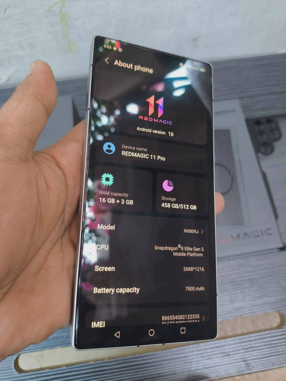 شبابنا الطيبة
REDMAGIC 11 PRO 512 / 16
النسخة الستندر الجهاز نظيف جداً
أستخدام خفيف شهر ضمان مكتب ميوزك
سنة كاملة والك ضمان شكد ميعجبك
لونه سلفر لطيف وخفيف ع المعده 
أخوان سعره 1100قفل بدون أحراج
ومقارنة وي المعروض أبلاش
السعر ميعجبك الجهاز وراعي الجهاز يرحولك فدوه 
بس لتحرجني

نص مكتوب في الصور:
- 4:53
- About phone
- 11
- REDMAGIC
- Android version 16
- Device name
- REDMAGIC 11 Pro
- RAM capacity
- 16 GB + 3 GB
- Storage
- 458 GB/512 GB
- Model
- NX809J
- CPU
- Snapdragon 8 Elite Gen 5
- Mobile Platform
- Screen
- 2688*1216
- Battery capacity
- 7500 mAh
- IMEI
- 866534082122335