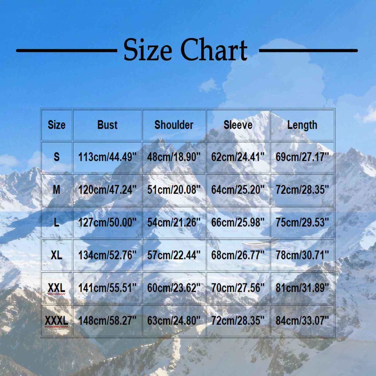 قياس xl

نص مكتوب في الصور:
- Size Chart Size Bust Shoulder Sleeve Length S 113cm/44.49" 48cm/18.90" 62cm/24.41" 69cm/27.17" M 120cm/47.24" 51cm/20.08" 64cm/25.20" 72cm/28.35" L 127cm/50.00" 54cm/21.26" 66cm/25.98" 75cm/29.53" XL 134cm/52.76" 57cm/22.44" 68cm/26.77" 78cm/30.71" XXL 141cm/55.51" 60cm/23.62" 70cm/27.56" 81cm/31.89" XXXL 148cm/58.27" 63cm/24.80" 72cm/28.35" 84cm/33.07"