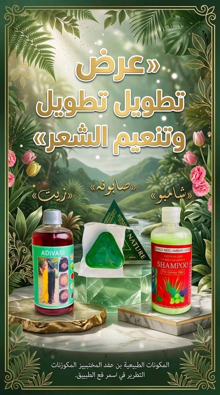 ✨ عرض العناية بالشعر وتكثيفه وتطويله ✨
تعانين من تساقط الشعر، ضعف الشعر، التقصف أو مظهر الشعر الخفيف 💆‍♀️💚 مجموعة من منتجات العناية بالشعر ضمن روتين واحد، للمساعدة على الاهتمام بفروة الرأس والشعر والحفاظ على مظهره أكثر حيوية ولمعاناً.

1-- شامبو الشعر
ضروري عدكم. شامبو خاص للشعر مع الزيت الي تستخدمو علاج
لقشرة الشعر وتقصف ويسوي نعومة وتسريح وعطر طيب وعلاج للدهون الشعر

2--زيت الشعر متكونه من 108 عشبة هندية.. يعني الحل الجذري لكل مشاكل الشعر! 🇮🇳✨
✅ يعالج الصلع الوراثي والتساقط الكربي.
✅ يثخن الشعرة ويمنع تكسرها.
✅ يطول الشعر بفترة قياسية.
✅ يرجع الحيوية للشعر التالف والمحروق

3--صابون #سافين_قرين الأصلي بالأعشاب الصينية
صابونة طبيعية 100٪ بخلاصة الأعشاب الصينية، تنظف فروة الرأس بعمق، وتغذي الشعر من الجذور لتمنحه مظهراً صحياً ولمعاناً طبيعياً 🌱💆♀️
💚 الفوائد الرئيسية:
✅ تنظيف عميق ولطيف لفروة الرأس
✅ تقليل التساقط تدريجياً
✅ تغذية وتقوية جذور الشعر
✅ يمنح الشعر لمعاناً صحياً وطبيعياً
✅ خالٍ من المواد الك يميائية الضارة


🚘يوجد خدمة توصيل لجميع محافظات العراق