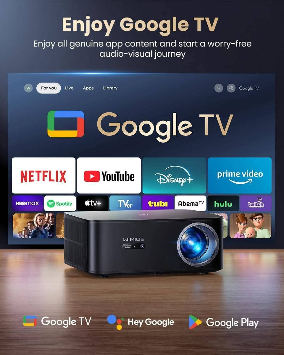 wimius k13 😍
العملاق من شرکة wimius 
النضام کوکل تیفي سمارت فول مواصفات 
1500ansi
40000Lumens 
Google TV 
Dolby Audio 30W سماعات
جهاز جدید و سعرە الجوە سوق کلە
سعرە 195 الف مع توصیل فقط 😍
فقط قطعة وحدة متوفر ل هاي نسخة
الي یرید راسلني علی خاص او واتساب : ***********

نص مكتوب في الصور:
- Enjoy Google TV
- Enjoy all genuine app content and start a worry-free audio-visual journey
- For you Live Apps Library
- NETFLIX
- YouTube
- Disney+
- prime video
- HBOMax
- Spotify
- tv+
- TVer
- tubi
- AbemaTV
- hulu
- twitch
- Hey Google
- Google Play
- 360° Surround Sound
- Immersive audio that surrounds you
- 30W Speaker
- Google Voice Assistant
- "Open Netflix."
- "Play Inside Out 2."
- "What's the weather."
- "Increase the volume."
- High ANSI Lumens Bright and vivid images, even in well-lit rooms High ANSI Lumens High
- Google TV High ANSI 4K SUPPORT AI Auto Focus 30W Speaker NETFLIX YouTube prime video DISNEY+ HBO WiMiUS Auto Focus 1920x1080