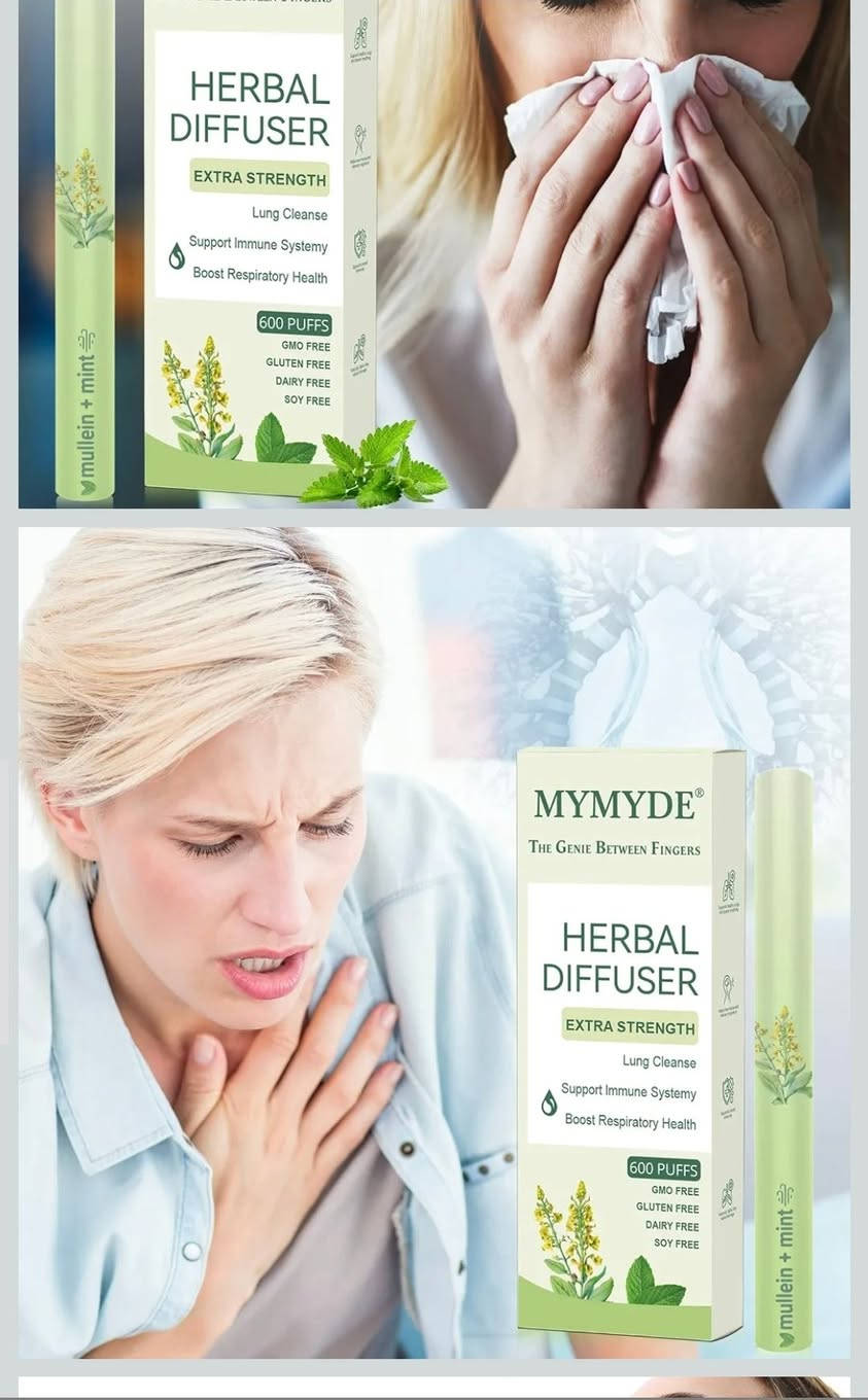 متوفر. جمله ومفرد

نص مكتوب في الصور:
- Mullein is an active ingredient to promote clearer breathing. Thyme can purify the air and make breathing smoother. Mint helps ease breathing discomfort and soothe throat and lungs. Supports healthy lungs and clearer breathing Helps clear mucus and reduce congestion Supports overall immunity Naturally fights free radical damage DELICIOUS RESPIRATORY SUPPORT Lung Cleanser with Natural Ingredients,Clean your lungs with
- DELICIOUS RESPIRATORY SUPPORT
- Lung Cleanser with Natural Ingredients,Clean your lungs with
- MYMYDE The Genie Between Fingers HERBAL DIFFUSER EXTRA STRENGTH Lung Cleanse Support Immune Systemy Boost Respiratory Health 600 PUFFS GMO FREE GLUTEN FREE DAIRY FREE SOY FREE mullein + mint SUPPLEMENT FACTS Serving Size: 10 Uses Servings Per Unit: Up to 60 Mullein 575mg 16% Thyme 250mg 10%