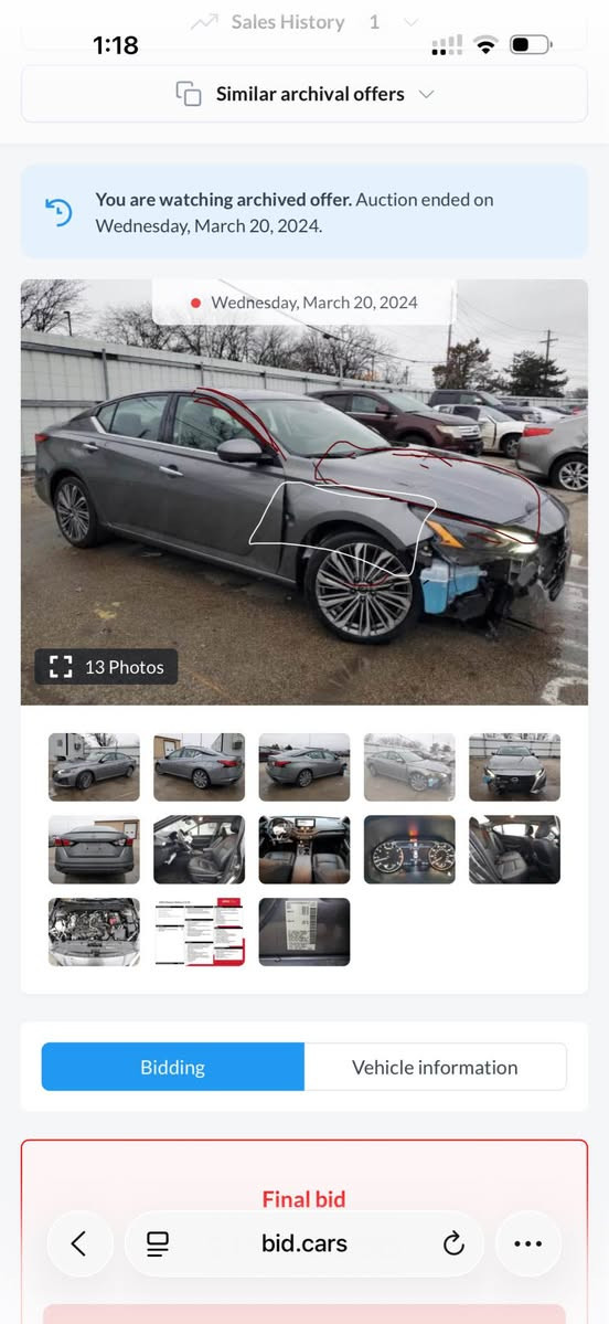 ٢٠٢٣ SL بێدەبل ئەکسل
***********
164 majal أربيل, العراق

نص مكتوب في الصور:
- 1:18 Sales History 1 Similar archival offers You are watching archived offer. Auction ended on Wednesday, March 20, 2024. Wednesday, March 20, 2024 13 Photos Bidding Vehicle information Final bid bid.cars