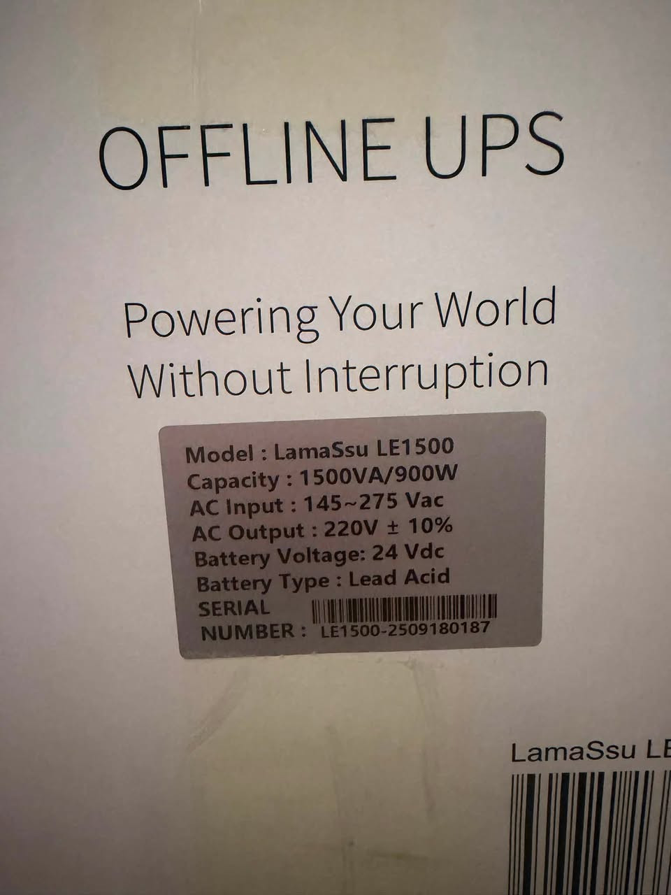 يوبي اس جديد مستخدم شهر كارتونه موجوده مع وصل شراء وهاذي كدامكم صوره سعره 90 وبي مجال *********** رقمي مكاني بغداد

Model : LamaSsu LE1500
Capacity : 1500VA/900W
AC Input : 145~275 Vac
AC Output : 220V ‡ 10%
Battery Voltage: 24 Vdc
Battery Type : Lead Acid
