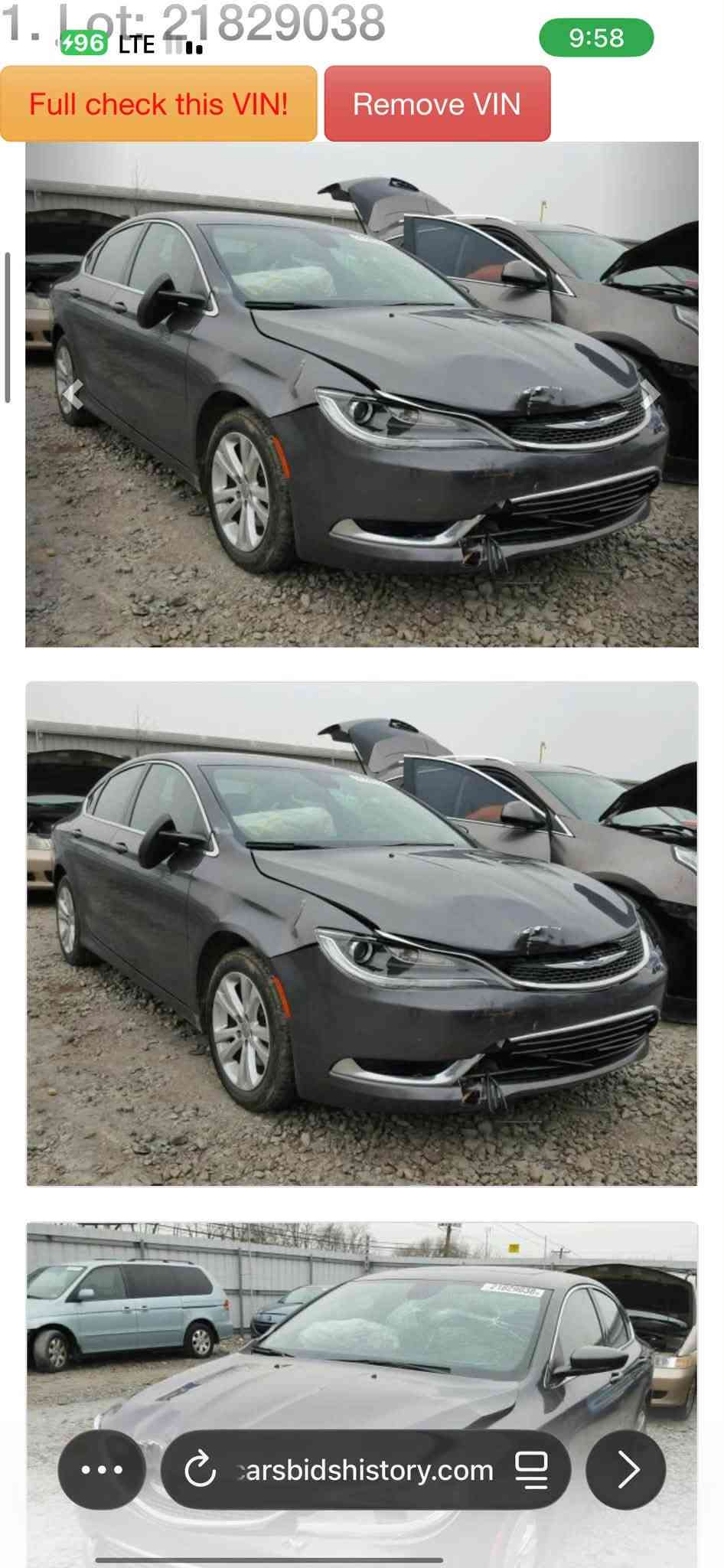 ...﷽ ...
Chrysler..C200
الموديل :- 2016 :

المحرك :- 4سلندر/2400

المواصفات فول 

:- بصمة
:- سلايد 
:- كامرة خلفيه
:شاشة جبير 
سايد بريك بصمه
:- لايتات زينون وباقي المواصفات المعروفه 
السيارة جاهزة وبشرط الكير والمحرك والحدادية والكهربائيات 
السعر:88$ورقة وبيها مجال بسيط 
بيها 5قطع صبغ صبغ الحادث موجوده صور الحادث ب المنشور هم 
العنوان :بغداد :
للاستفسار اتصل :-   ***********

نص مكتوب في الصور:
- carsbidshistory.com
- 1. Lot: 21829038 9:58 Full check this VIN! Remove VIN carsbidshistory.com