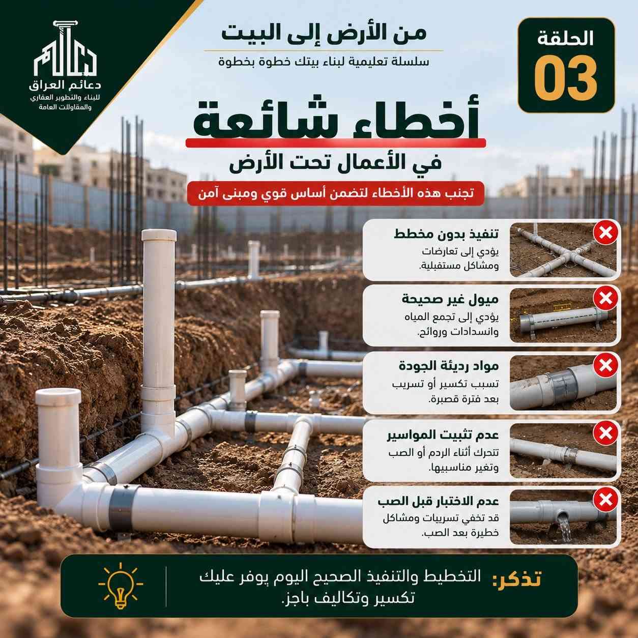 ️ الحلقة 03 | التمديدات تحت الأرض

أكو شغل ما راح تشوفه بعد ما يكتمل البناء، لكن جودته تبقى مؤثرة لسنوات.

🚰 مواد جيدة ومناسبة للمشروع
📐 ميول وتسليط صحيح للمجاري
🔩 تثبيت محكم للأنابيب
🧪 فحص الشبكات قبل الإغلاق
📍 تحديد دقيق لكل المسارات والمخارج

لأن الخطأ اللي ما ينشاف اليوم، ممكن يتحول إلى تكسير وتكاليف إضافية باچر.

من الأرض إلى البيت… نبنيها صح من البداية. �                                     للاستفسار  والتواصل : ***********
موقع الشركة : الدورة - قرب كلية دجلة - بناية مطعم ليمونة .                 #بغداد #الدورة_شارع_أبوطيارة #بناء

نص مكتوب في الصور:
- دعائم العراق للبناء والتطوير العقاري والمقاولات العامة من الأرض إلى البيت سلسلة تعليمية لبناء بيتك خطوة بخطوة الحلقة 03 الأعمال تحت الأرض شغل ما يبان... بس يضمن لك الأمان! قبل صب الأساس، تنفذ الأعمال الخدمية تحت الأرض بشكل صحيح لتفادي المشاكل مستقبلاً. saad_estates1 *********** *********** دعائم العراق للبناء والتطوير العقاري والمقاولات العامة
- دعائم العراق للبناء والتطوير العقاري والمقاولات العامة من الأرض إلى البيت سلسلة تعليمية لبناء بيتك خطوة بخطوة الحلقة 03 التمديدات تحت الأرض جودة التنفيذ اليوم... راحة وأمان لسنين 1. جودة المواد استخدام أنابيب ومستلزمات ذات جودة ومواصفات مناسبة للمشروع. 2. التسليط والميل الصحيح تنفيذ مسارات المجاري والماء بالميل المحدد لضمان تصريف جيد ومنع الانسدادات. 3. التثبيت الصحيح تثبيت الأنابيب جيداً ومنع حركتها أثناء أعمال الردم والصب. 4. الفحص قبل الإغلاق اختبار الشبكات والتأكد من عدم وجود تسريب أو خلل قبل تغطيتها. 5. تحديد المسارات بدقة تحديد أماكن المخارج والخدمات بدقة حسب المخطط قبل الصب. الشغل اللي ما تشوفه اليوم، يوفر عليك تكسير وتكاليف باجر. *********** *********** saad_estates1 دعائم العراق للبناء والتطوير العقاري والمقاولات العامة
- دعائم العراق للبناء والتطوير العقاري والمقاولات العامة من الأرض إلى البيت سلسلة تعليمية لبناء بيتك خطوة بخطوة الحلقة 03 أخطاء شائعة في الأعمال تحت الأرض تجنب هذه الأخطاء لتضمن أساس قوي ومبنى آمن تنفيذ بدون مخطط يؤدي إلى تعارضات ومشاكل مستقبلية. ميول غير صحيحة يؤدي إلى تجمع المياه وانسدادات وروائح. مواد رديئة الجودة تسبب تكسير أو تسريب بعد فترة قصيرة. عدم تثبيت المواسير تتحرك أثناء الردم أو الصب وتغير مناسبيها. عدم الاختبار قبل الصب قد تخفي تسريبات ومشاكل خطيرة بعد الصب. تذكر: التخطيط والتنفيذ الصحيح اليوم يوفر عليك تكسير وتكاليف باهظ.