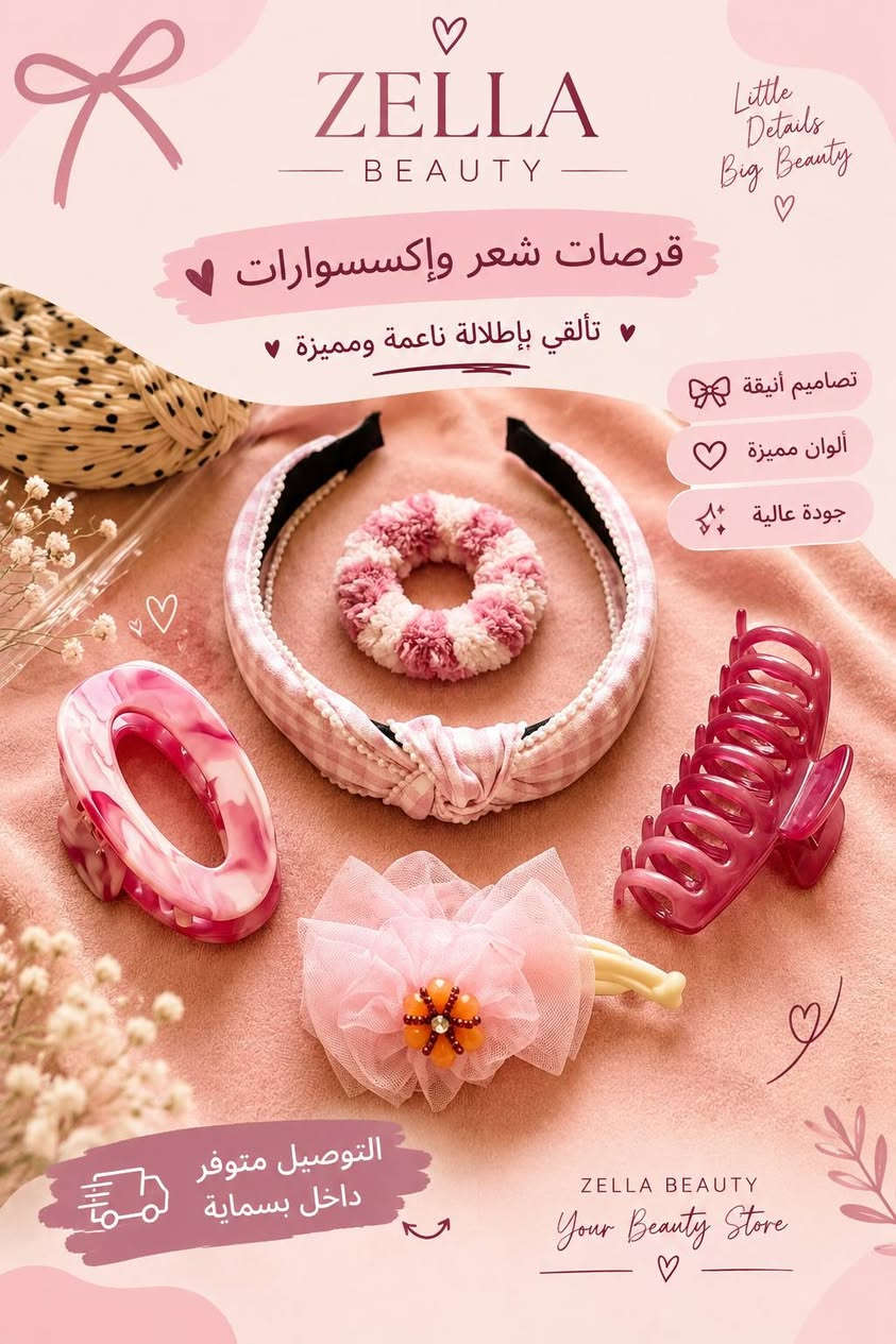 🎀✨ ZELLA BEAUTY ✨🎀
💕 قرصات شعر وإكسسوارات بأشكال حلوة ومميزة، تضيف لمسة أناقة لجمالك 🌸

💖 اختاري الشكل اللي يعجبج وبأسعار تنافسية!

🚚 التوصيل متوفر داخل بسماية 📩 للاستفسار والحجز مراسلة على الخاص 
***********

ZELLA BEAUTY — جمالج يبدأ من هنا 🤍

نص مكتوب في الصور:
- N°5 CHANEL
- ZELLA BEAUTY Little Details Big Beauty قرصات شعر وإكسسوارات تألقي بإطلالة ناعمة ومميزة تصاميم أنيقة ألوان مميزة جودة عالية التوصيل متوفر داخل بسماية ZELLA BEAUTY Your Beauty Store