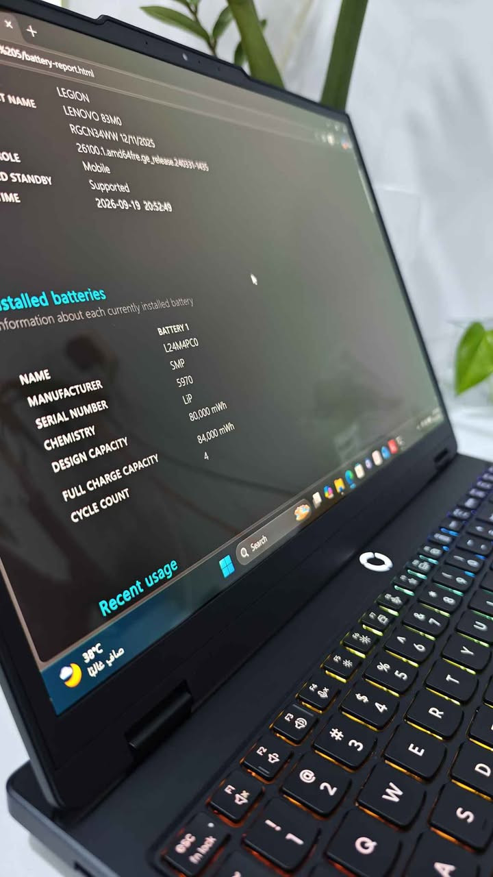 Lenovo Legion 5 15AHP10 (موديل 2025)

* المعالج: AMD Ryzen 7 260 (قوي جداً للأداء العالي، يصل تردده إلى 5.1 جيجاهرتز).
* كرت الشاشة: NVIDIA GeForce RTX 5060 بسعة 8 جيجابايت GDDR7 (أحدث جيل Blackwell لأداء جبار).
* الشاشة: 15.1 بوصة OLED بدقة WQXGA (2560x1600)، تردد 165Hz، وسطوع 500 nits لألوان خيالية.
* الذاكرة (RAM): 16GB DDR5 بسرعة 5600MHz (قابلة للتطوير حتى 64GB).
* التخزين: 512GB SSD NVMe 
* نظام التشغيل: Windows 11 الأصلي.
* البطارية 🔋: 100٪ مشحون 4 دورات فقط

✨ ميزات إضافية:

* نظام تبريد Legion Coldfront المتطور للحفاظ على استقرار الأداء.
* لوحة مفاتيح Legion TrueStrike مع إضاءة RGB بـ 24 منطقة.
* هيكل أنيق بلون Eclipse Black، أخف وزناً بنسبة 13% من الموديلات السابقة.
* دعم Wi-Fi 7 وبلوتوث 5.4 مع منافذ USB4 و HDMI 2.1.

💰 السعر :  1،950،000
للتواصل والاستفسار: *********** 📞

ملاحظة: رقم 2 بالكيبورد بيه كسر

https://t.me/epic_store2 بغداد, العراق

نص مكتوب في الصور:
- Find a setting Display Advanced display a display to view or change its settings Display 1: Connected to AMD Radeon(TM) 780M Graphics Internal Display Desktop mode 2560 x 1600, 165 Hz Active signal mode 2560 x 1600, 165 Hz Variable refresh rate Not Supported Bit depth 10-bit Color format RGB Color space Standard dynamic range (SDR) HDR certification VESA DisplayHDR 600 True Black (1.1) Dolby Vision More about HDR certification Display adapter properties for Display 1 Choose a refresh rate A higher rate gives smoother motion, but also uses more power More about refresh rate Dynamic refresh rate To help save power, Windows adjusts the refresh rate up to the selected rate above Dynamic refresh rate isn't supported More about dynamic refresh rate Related support Search
- LEGION LENOVO 83M0 RGCN34WW 12/11/2025 26100.1.amd64fre.ge_release.240331-1435 Mobile Supported 2026-09-19 20:52:49 stalled batteries nformation about each currently installed battery NAME BATTERY 1 L24M4PC0 MANUFACTURER SMP SERIAL NUMBER 5970 CHEMISTRY LiP DESIGN CAPACITY 80,000 mWh FULL CHARGE CAPACITY 84,000 mWh CYCLE COUNT 4 Recent usage 38°C صافي غالباً
- Find a setting System > About Processor AMD Ryzen 7 260 w/ Radeon 780M Graphics 3.80 GHz Installed RAM 16.0 GB Speed: 5600 MT/s Graphics card 8 GB Multiple GPUs installed Storage 477 GB Speed: 5600 MT/s Device info Legion Legion 5 15AHP10 Device name Legion Processor AMD Ryzen 7 260 w/ Radeon 780M Graphics (3.80 GHz) Installed RAM 16.0 GB (15.3 GB usable) Graphics card NVIDIA GeForce RTX 5060 Laptop GPU (8 GB) AMD Radeon(TM) 780M Graphics (512 MB) Storage 103 GB of 477 GB used Device ID 7644FF48-0F6C-4C16-B2A0-239187594BCD Product ID 00330-81483-17766-AA200 System type 64-bit operating system, x64-based processor Pen and touch No pen or touch input is available for this display Related links Domain or workgroup System protection Advanced system settings Search W E R T Y U I O P S D F G H J K L Z X C V B N M