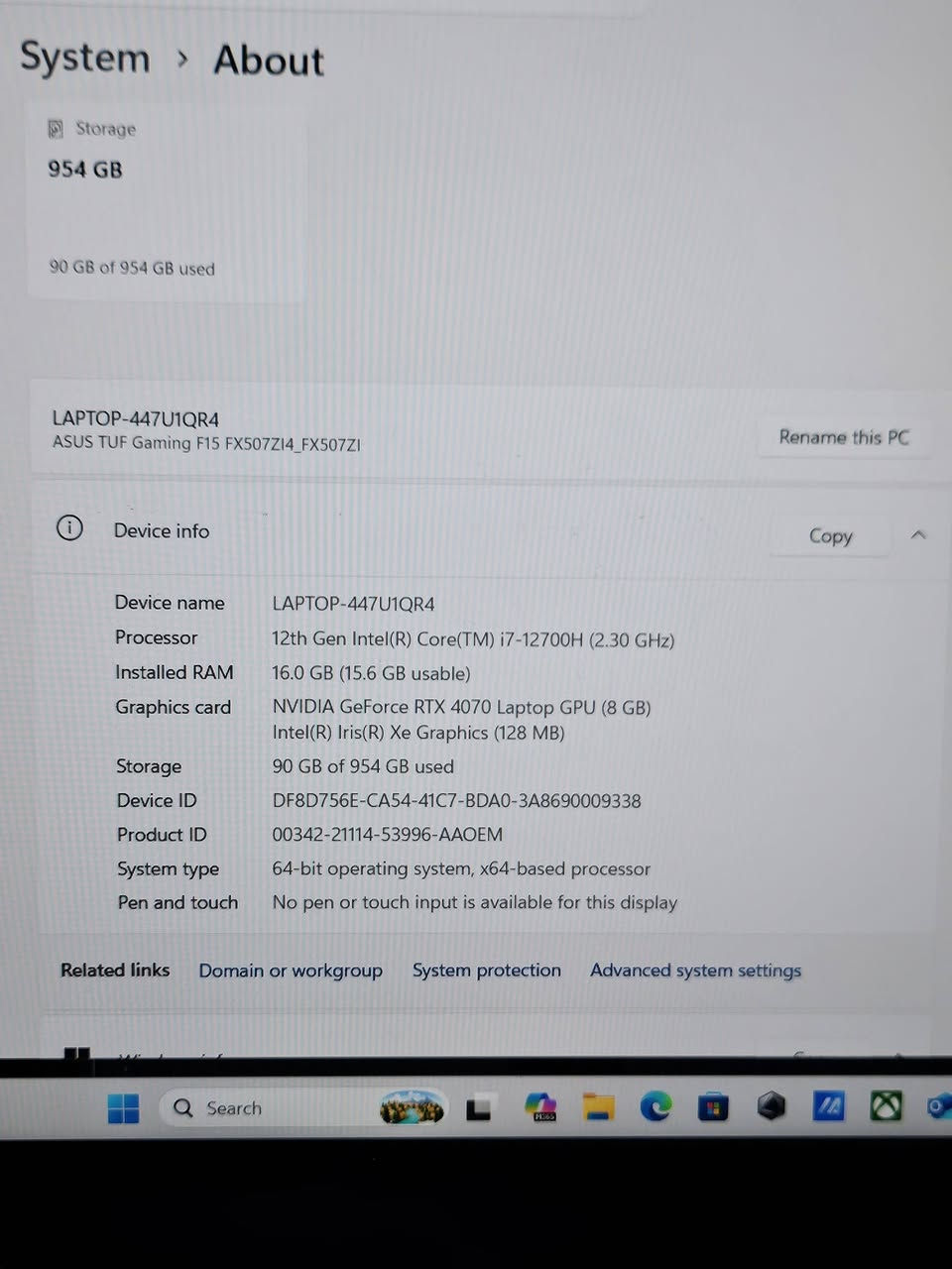 السلام عليكم لابتوب للبيع نوع اسوس 

Asus tuf f15 

المواصفات 
I7 12700h 
Ram 16gb 
Rtx 4070 140w اعلى واطية 
Ssd nvme 1tb 
Screen FHD 144hz 
كيبورد جميع الالوان 

مستخدم قليل جهاز نظيف جدا 
لابتوب جبار بل العاب والبرامج الهندسية الثقيلة ويجي  باعلى نسخة 4070 من ناحية الواطية
 شحانة الاصلية ويا 
توصيل موجود
سعر مليون و 750 الف 
رقم ***********

نص مكتوب في الصور:
- System > About Storage 954 GB 90 GB of 954 GB used LAPTOP-447U1QR4 ASUS TUF Gaming F15 FX507ZI4_FX507ZI Rename this PC Device info Copy Device name LAPTOP-447U1QR4 Processor 12th Gen Intel(R) Core(TM) i7-12700H (2.30 GHz) Installed RAM 16.0 GB (15.6 GB usable) Graphics card NVIDIA GeForce RTX 4070 Laptop GPU (8 GB) Intel(R) Iris(R) Xe Graphics (128 MB) Storage 90 GB of 954 GB used Device ID DF8D756E-CA54-41C7-BDA0-3A8690009338 Product ID 00342-21114-53996-AAOEM System type 64-bit operating system, x64-based processor Pen and touch No pen or touch input is available for this display Related links Domain or workgroup System protection Advanced system settings Search