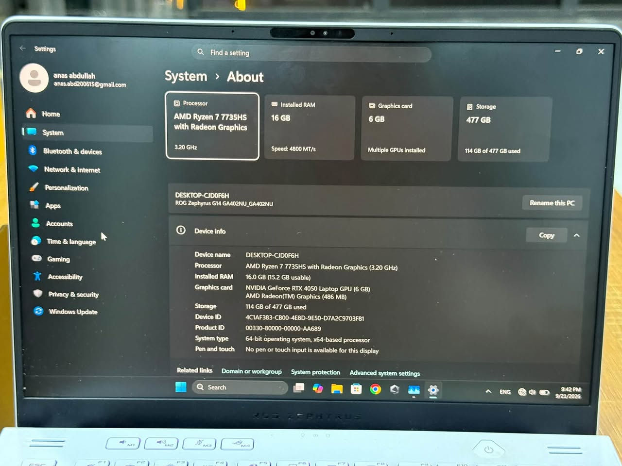 💻 ASUS ROG Zephyrus G14 – Gaming Laptop
💻 ASUS ROG Zephyrus G14 – Gaming Laptop

جهاز قوي ومناسب للألعاب، التصميم، المونتاج والبرامج الثقيلة 🔥

⚙️ المواصفات:

* Processor: AMD Ryzen 7 7735HS – 3.20GHz
* RAM: 16GB DDR5 – 4800 MT/s
* Graphics: NVIDIA GeForce RTX 4050 Laptop GPU 6GB
* Integrated Graphics: AMD Radeon Graphics
* Storage: 512GB SSD NVMe
* System: Windows 11 – 64-bit
* Model: ROG Zephyrus G14 GA402NU
* Color: White 🤍

🚀 أداء قوي وسريع، مناسب لـ Gaming – Photoshop – Illustrator – Premiere – After Effects – 3D & Rendering

السعر : 1،350،000 مليون دينار وبيه مجال 
للاستفسار على الرقم ***********

نص مكتوب في الصور:
- Settings Find a setting System About Processor AMD Ryzen 7 7735HS with Radeon Graphics 3.20 GHz Installed RAM 16 GB Speed: 4800 MT/s Graphics card 6 GB Multiple GPUs installed Storage 477 GB 114 GB of 477 GB used Home System Bluetooth & devices Network & internet Personalization Apps Accounts Time & language Gaming Accessibility Privacy & security Windows Update DESKTOP-CJD0F6H ROG Zephyrus G14 GA402NU_GA402NU Rename this PC Device info Copy Device name DESKTOP-CJD0F6H Processor AMD Ryzen 7 7735HS with Radeon Graphics (3.20 GHz) Installed RAM 16.0 GB (15.2 GB usable) Graphics card NVIDIA GeForce RTX 4050 Laptop GPU (6 GB) AMD Radeon(TM) Graphics (486 MB) Storage 114 GB of 477 GB used Device ID 4C1AF383-CB00-4E8D-9E50-D7A2C9703F81 Product ID 00330-80000-00000-AA689 System type 64-bit operating system, x64-based processor Pen and touch No pen or touch input is available for this display Related links Domain or workgroup System protection Advanced system settings Search ENG 9:42 PM 9/21/2026