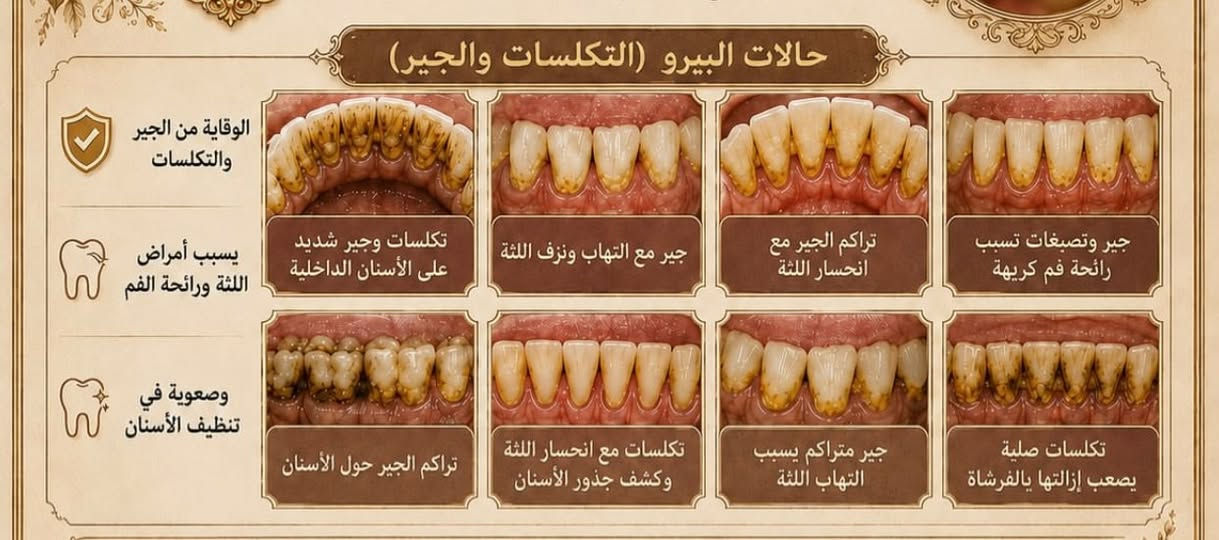 اي احد عده وحده من هاي الحالات يدخلي خاص 🦷❤️
*العلاج مجاناً فقط دفع الوصل

نص مكتوب في الصور:
- نعالجها ومجاناً Class I تسوس في الشقوق والحفر على الأسطح الطينية والجانبية للأضراس Class II تسوس بين الأسنان الجانبية على السطح الأنسنية أو البعدية Class III تسوس بين الأسنان الأمامية بدون وصول للحافة القاطعة Class IV تسوس في السطح القبلي مع وصول للحافة القاطعة Class V تسوس في منطقة عنق السن قريباً من اللثة
- حالات البيرو (التكلسات والجير)
- الوقاية من الجير والتكلسات
- يسبب أمراض اللثة ورائحة الفم
- وصعوبة في تنظيف الأسنان
- تكلست وجير شديد على الأسنان الداخلية
- جير مع التهاب ونزيف اللثة
- تراكم الجير مع انحسار اللثة
- جير وتصبغات تسبب رائحة فم كريمة
- تراكم الجير حول الأسنان
- تكلست مع انحسار اللثة وكشف جذور الأسنان
- جير متراكم يسبب التهاب اللثة
- تكلسات صلبة يصعب إزالتها بالفرشاة
- الدكتورة نور فاضل عمران عيسى طب الأسنان فحص اللثة والأسنان حشوات ضوئية تجميلية تنظيف الأسنان من التصبغات تعويض الأسنان المفقودة بطقم جزئي شارع 40 مجاور صيدلية سلامتك *********** drnoor923 nor.ffadil لأنك تستحق الأفضل ، نعتني بأسنانك بكل عناية. ابتسامتك غايتنا