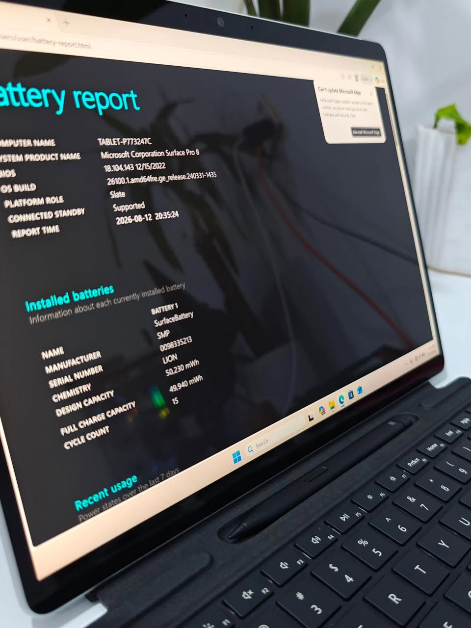 Microsoft Surface Pro 8 

* المعالج: Intel Core i5 (الجيل 11).
* الشاشة: 13 بوصة، لمس، تردد 120Hz، دقة عالية (2880×1920).
* الذاكرة (RAM): 16 جيجابايت.
* التخزين (SSD):   256  جيجابايت (قابل للترقية).
* البطارية: تصل إلى 16 ساعة استخدام.
* المنافذ: 2 × Thunderbolt 4 (USB-C)، ومنفذ الشحن السريع.
* الكاميرات: أمامية بدقة 5MP (بصمة وجه)، خلفية بدقة 10MP (فيديو 4K).

• عدد دورات شحن :15
الحالة : مستخدم بحاله جيدة جدا

الملحقات: كيبورد اصلي + شاحن + حافظة UAG اصليه

السعر : 850،000

https://t.me/epic_store2

نص مكتوب في الصور:
- Find a setting System > About Storage 238 GB 47 GB of 238 GB used Graphics Card 128 MB Intel(R) Iris(R) Xe Graphics Installed RAM 16.0 GB Speed: 4267 MT/s Processor 11th Gen Intel(R) Core(TM) i5-1135G7 @ 2.40GHz 2.40 GHz Rename this PC TABLET-P73247C Surface Pro 8 Copy Device specifications Device name TABLET-P73247C Processor 11th Gen Intel(R) Core(TM) i5-1135G7 @ 2.40GHz (2.42 GHz) Installed RAM 16.0 GB (15.8 GB usable) Device ID OC384F5C-B864-4C47-85EA-8D978722E338 Product ID 00330-80000-00000-AA294 System type 64-bit operating system, x64-based processor Pen and touch Pen and touch support with 10 touch points Copy Related links Domain or workgroup System protection Advanced system settings Windows specifications Edition Windows 11 Pro Version 25H2 Installed on 6/17/2026 OS build 26200.8655 Serial number OF00E2L22210IJ Search
- Find a setting
- System > About
- Storage
- 238 GB
- 47 GB of 238 GB used
- Graphics Card
- 128 MB
- Intel(R) Iris(Xe) Xe Graphics
- Installed RAM
- 16.0 GB
- Speed: 4267 MT/s
- Processor
- 11th Gen Intel(R)
- Core(TM) i5-1135G7 @
- 2.40GHz
- 2.42 GHz
- & devices
- & internet
- elization
- ounts
- me & language
- Gaming
- Accessibility
- Privacy & security
- Windows Update
- TABLET-P773247C
- Surface Pro 8
- Device specifications
- Device name
- 11th Gen Intel(R) Core(TM) i5-1135G7 @ 2.40GHz (2.42 GHz)
- 16.0 GB (15.8 GB usable)
- Device ID
- 0C384F5C-B864-4C47-85EA-8D978722E33B
- Product ID
- 00330-80000-00000-AA294
- System type
- 64-bit operating system, x64-based processor
- Pen and touch
- Pen and touch support with 10 touch points
- Related links
- Domain or workgroup
- System protection
- Advanced system settings
- Windows specifications
- Edition
- Windows 11 Pro
- Version
- 25H2
- Installed on
- 6/17/2026
- OS build
- 26200.8655
- Serial number
- 0F00E2L22210J
- Search
- attery report COMPUTER NAME TABLET-P773247C SYSTEM PRODUCT NAME Microsoft Corporation Surface Pro 8 BIOS 18.104.143 12/15/2022 OS BUILD 26100.1.amd64fre.ge_release.240331-1435 PLATFORM ROLE Slate CONNECTED STANDBY Supported REPORT TIME 2026-08-12 20:35:24 Installed batteries Information about each currently installed battery NAME BATTERY 1 SurfaceBattery MANUFACTURER SMP SERIAL NUMBER 0098335213 CHEMISTRY LION DESIGN CAPACITY 50,230 mWh FULL CHARGE CAPACITY 49,940 mWh CYCLE COUNT 15 Recent usage Power states over the last 7 days