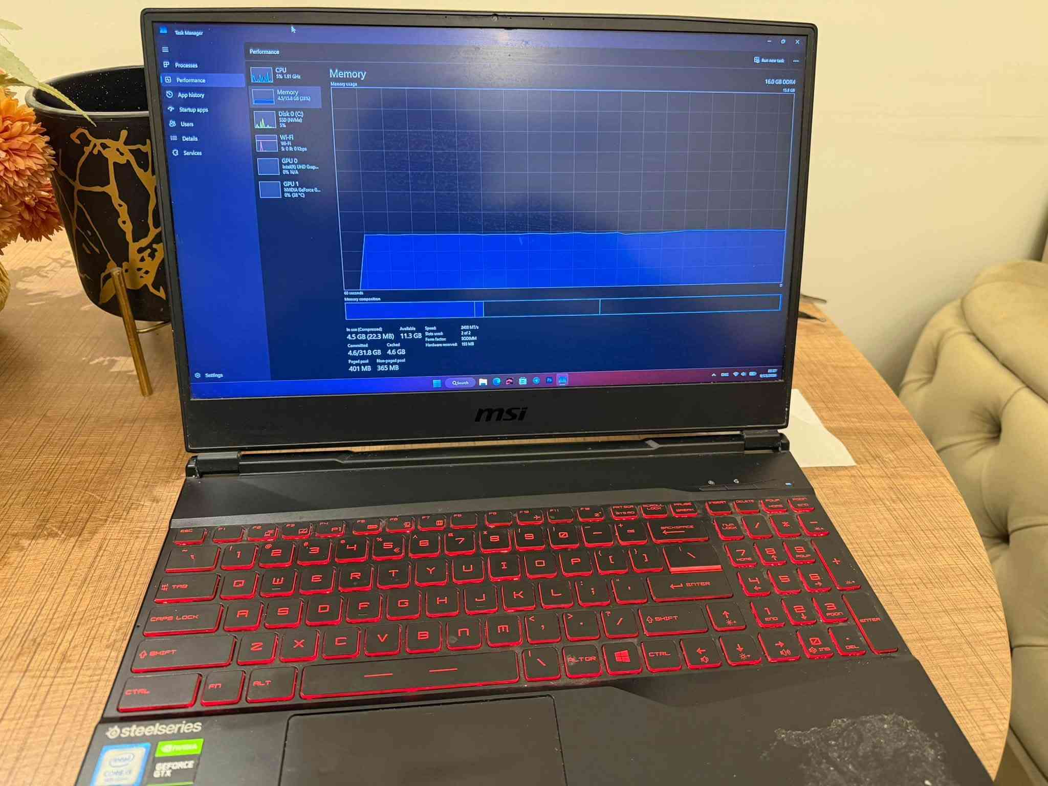 السلام عليكم 
لابتوب msi
المعالج: core i5 جيل تاسع
كارت شاشة: gtx1650
الهارد: ssd 500Gb
الرام: 16 Gb
البطارية شحنها ممتاز 
الشاشة: 144 Hzلكن فيها نقطة وردية في الوسط متبين الا على الشاشة السوداء 
السعر 500 الف 
للتواصل واتس اب : ***********

نص مكتوب في الصور:
- Task Manager Performance CPU 42% 3.14 GHz Memory 4.6/15.8 GB (29%) Disk 0 (C:) SSD (NVMe) 52% Wi-Fi Wi-Fi 2 (5.0 GHz): 312 Mbps GPU 0 Intel(R) UHD Graphics 0% 10 A GPU 1 NVIDIA GeForce G... 0% 38 °C GPU NVIDIA GeForce GTX 1650 3D 0% 0% Copy Video Encode Video Decode Dedicated GPU memory 0% 0.0/4.0 GB Shared GPU memory 0.0/11.9 GB 0.0/7.9 GB Temperature 38 °C Driver version Driver date DirectX version Physical location PCI bus 1, device 0, function 0 Hardware reserved memory 181 MB 22:27 8/13/2023
- Task Manager Performance CPU Memory Disk 0 (C:) Wi-Fi GPU 0 GPU 1 Processes Performance App history Startup apps Users Details Services NVIDIA GeForce GTX 1650 0% Run new task 5% 1.07 GHz 4.5/15.8 GB (28%) 0% S:0 R: 32.0 KBps 1% N/A 0% (38 °C) GPU 3D 0% Copy 0% Video Encode 0% Video Decode 0% Dedicated GPU memory Shared GPU memory 4.0 GB 7.9 GB Utilization 0% GPU Memory 0.0/11.9 GB Dedicated GPU memory 0.0/4.0 GB Shared GPU memory 0.0/7.9 GB Temperature 38 °C Driver version: 32.0.16.1692 Driver date: 9/4/2026 DirectX version: 12 (FL 12.1) Physical location: PCI bus 1, device 0, function 0 Hardware reserved memory: 161 MB Settings Search ENG 22:27 9/13/2026
- Task Manager
- Performance
- CPU
- 33% 3.34 GHz
- Memory
- 16.0 GB (29%)
- Disk 0 (C:)
- SSD (NVMe)
- 3%
- Wi-Fi
- S: 0 R: 24.0 Kbps
- GPU 0
- Intel(R) UHD Grap...
- 0% N/A
- GPU 1
- NVIDIA GeForce G...
- 0% (38 °C)
- Memory usage
- 60 seconds
- Memory composition
- In use (Compressed)
- 4.6 GB (0 MB)
- Committed
- 4.6/31.8 GB
- Paged pool
- 454 MB
- Available
- 11.3 GB
- Cached
- 4.4 GB
- Non-paged pool
- 363 MB
- Speed:
- Slots used:
- Form factor:
- Hardware reserved:
- 2400 MT/s
- 2 of 2
- SODIMM
- 193 MB
- 16.0 GB DDR4
- 15.8 GB
- 22:27
- 9/13/2026
- Processes
- App history
- Startup apps
- Users
- Details
- Services
- 5% 1.91 GHz
- 4.5/15.8 GB (28%)
- 5%
- 0 R: 0 T: 0 Kbps
- 4.5 GB (22.3 MB)
- SO-DIMM
- 4.6 GB
- Hardware reserved: 199 MB
- 401 MB
- 365 MB
- Settings
- Search
- msi
- steelseries
- GEFORCE
- GTX