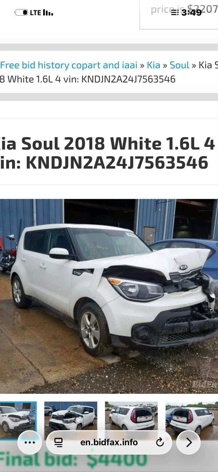 السلام عليكم عندي صول موديل 2018 محرك 1600 لون ابيض رقم سليمانيه ب اسمي مكاني بغداد الامين الثانية البيع بالاقصاد مقدمة 50 ورقه والباقي اقصاد 
حصرآ موظف
***********

نص مكتوب في الصور:
- price: $4407 Free bid history copart and iaai » Kia » Soul » Kia S 8 White 1.6L 4 vin: KNDJN2A24J7563546 ia Soul 2018 White 1.6L 4 in: KNDJN2A24J7563546 en.bidfax.info Final bid: $4400
- price: $2207 Free bid history copart and iaai » Kia » Soul » Kia S 8 White 1.6L 4 vin: KNDJN2A24J7563546 ia Soul 2018 White 1.6L 4 in: KNDJN2A24J7563546 en.bidfax.info Final bid: $4400