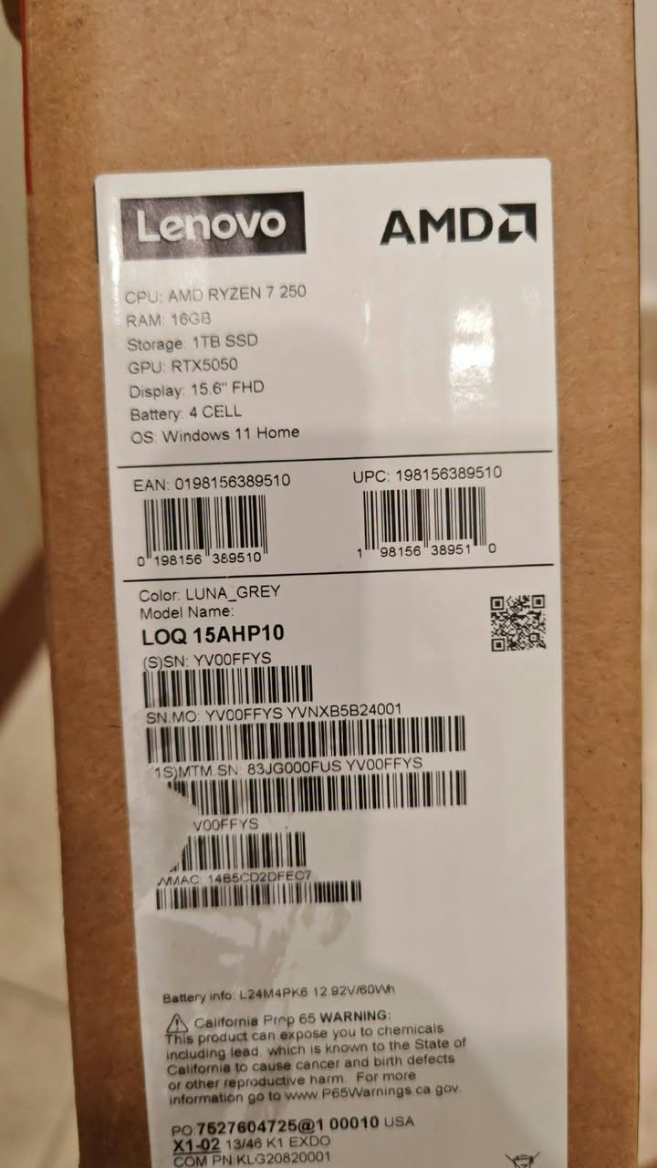 غير مستخدم بكرت RTX 5050 دورات شحن 1 فقط مع ملحقات كاملة
Lenovo LOQ 15AHP10  
المواصفات الرئيسية
 * المعالج (CPU): AMD RYZEN 7 250
 * الذاكرة العشوائية (RAM): 16GB
 * مساحة التخزين (Storage): 1TB SSD
 * كرت الشاشة (GPU): NVIDIA GeForce RTX 5050
 * الشاشة (Display): 15.6 بوصة بدقة FHD
 * البطارية (Battery): 4 خلايا (4 CELL) / سعة 60Wh (12.92V)
 * نظام التشغيل (OS): Windows 11 Home
تفاصيل إضافية
 * اسم الموديل (Model Name): LOQ 15AHP10
 * اللون (Color): رمادي (Luna Grey)
 * الرقم التسلسلي (S/N): YV00FFYS
 * رقم القطعة (MTM SN): 83JG000FUS YV00FFYS

واتساب ***********
