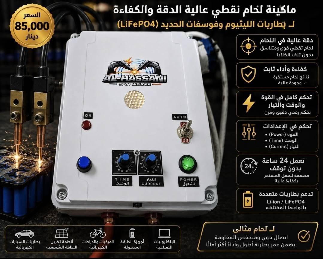 ⚡ مكائن لحام نقطي صناعي لبطاريات الليثيوم وفوسفات الحديد وLiFePO4 ⚡

تحتاج لحامًا دقيقًا، ثابتًا وموثوقًا لأشرطة البطاريات؟
وفرنا لك مكائن لحام نقطي مصممة للعمل بكفاءة عالية في لحام أشرطة بطاريات الليثيوم وفوسفات الحديد (LiFePO4).

🔧 قدرة وسمك لحام من 0.1 إلى 0.4 ملم
🎯 دقة عالية في عملية اللحام
⚙️ تحكم دقيق بالوقت والتيار
🔋 مناسبة لأعمال تجميع وصيانة حزم البطاريات
🛠️ توفر المواد الاحتياطية وقطع الغيار
💰 الأسعار موضحة في الصور

📞 للاستفسار والطلب: ***********
📲 واتساب متوفر على نفس الرقم

🎥 فيديوهات توضح أداء المكائن وصور إضافية موجودة في التعليقات.

إذا كنت تعمل في تجميع بطاريات الليثيوم، LiFePO4 أو صيانة حزم البطاريات، شاهد الفيديوهات وقارن بنفسك أداء اللحام.

نص مكتوب في الصور:
- السعر 90 الف
- عمل ماكنة اللحيم النقطي لبطاريات الليثيوم
- 95 الف
- 4. لوحة التحكم
- ضببط الوقت والتيار
- حسب سماكة الشريط
- ونوع البطارية
- 5. وضع التشغيل
- يمكن التشغيل اليدوي
- أو التلقائي حسب الحاجة
- تلحم بطاريات الليثيوم وفوسفات الحديد بكفاءة عالية 90 الف دقة وكفاءة عالية تحكم كامل بالقوة والوقت والتيار تعمل 24 ساعة بدون توقف للحجز والاستفسار - تواصل واتساب: ***********
- السعر 85,000 دينار ماكينة لحام نقطي عالية الدقة والكفاءة لـ بطاريات الليثيوم وفوسفات الحديد (LiFePO4) دقة عالية في اللحام لحام نقطي قوي ومتناسق بدون تلف الخلايا كفاءة وأداء ثابت نتائج لحام مستقرة وجودة عالية تحكم كامل في القوة والوقت والتيار تحكم رقمي دقيق ومرن تحكم في الإعدادات القوة (Power) الوقت (Time) التيار (Current) تعمل 24 ساعة بدون توقف مصممة للعمل المستمر بكفاءة عالية تدعم بطاريات متعددة Li-ion / LiFePO4 بأنواعها المختلفة لـ لحام مثالي اتصال قوي ومنخفض المقاومة يضمن عمر بطارية أطول وأداء أكثر أمانًا الإلكترونيات الصناعية أجهزة الطاقة المحمولة المركبات والدراجات الكهربائية أنظمة تخزين الطاقة الشمسية بطاريات السيارات الكهربائية
- 80 الف
- تلحم بطاريات الليثيوم وفوسفات الحديد بكفاءة عالية دقة وكفاءة عالية تحكم كامل بالقوة والوقت والتيار تعمل 24 ساعة بدون توقف للحجز والاستفسار - تواصل واتساب: ***********
- 90 ألف